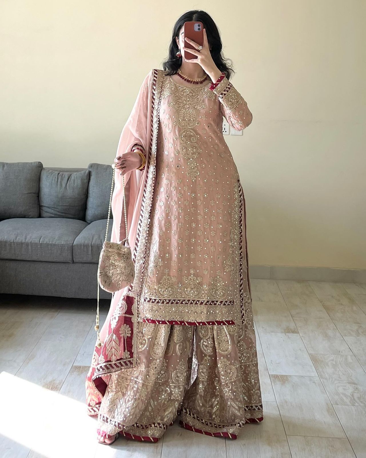 Latest Designer Vihana Pink Embroidered Kurti Sharara Set