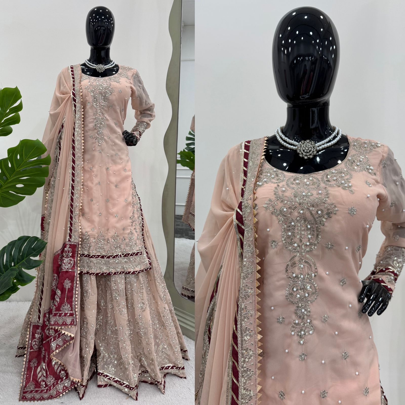 Latest Designer Vihana Pink Embroidered Kurti Sharara Set