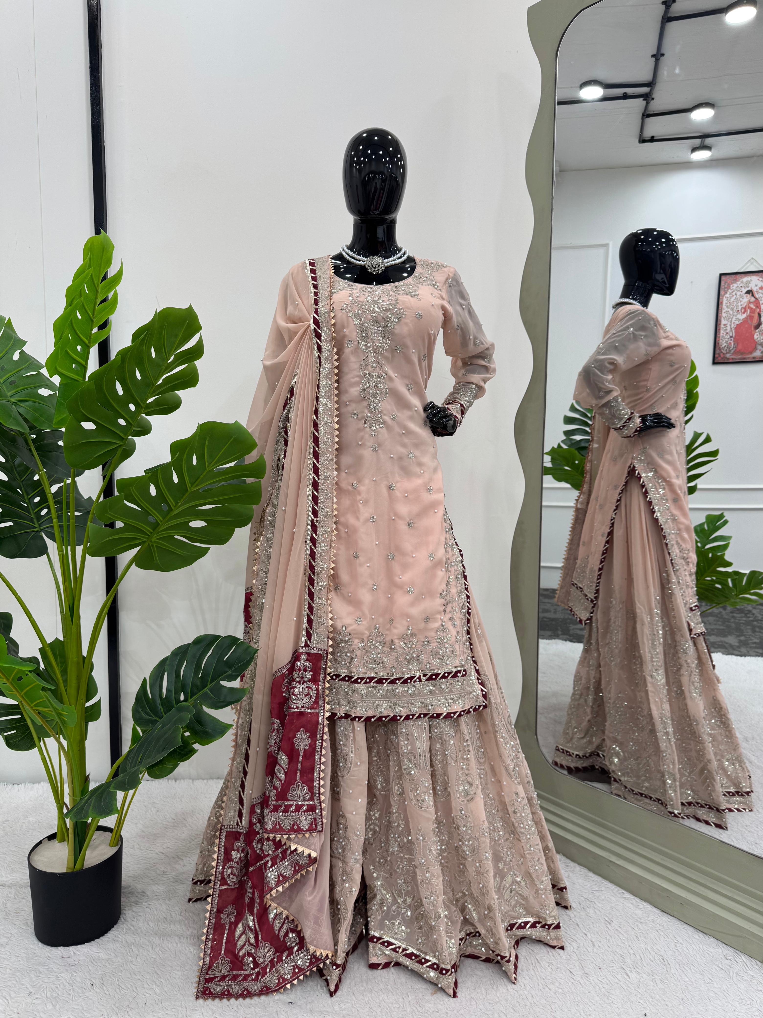 Latest Designer Vihana Pink Embroidered Kurti Sharara Set