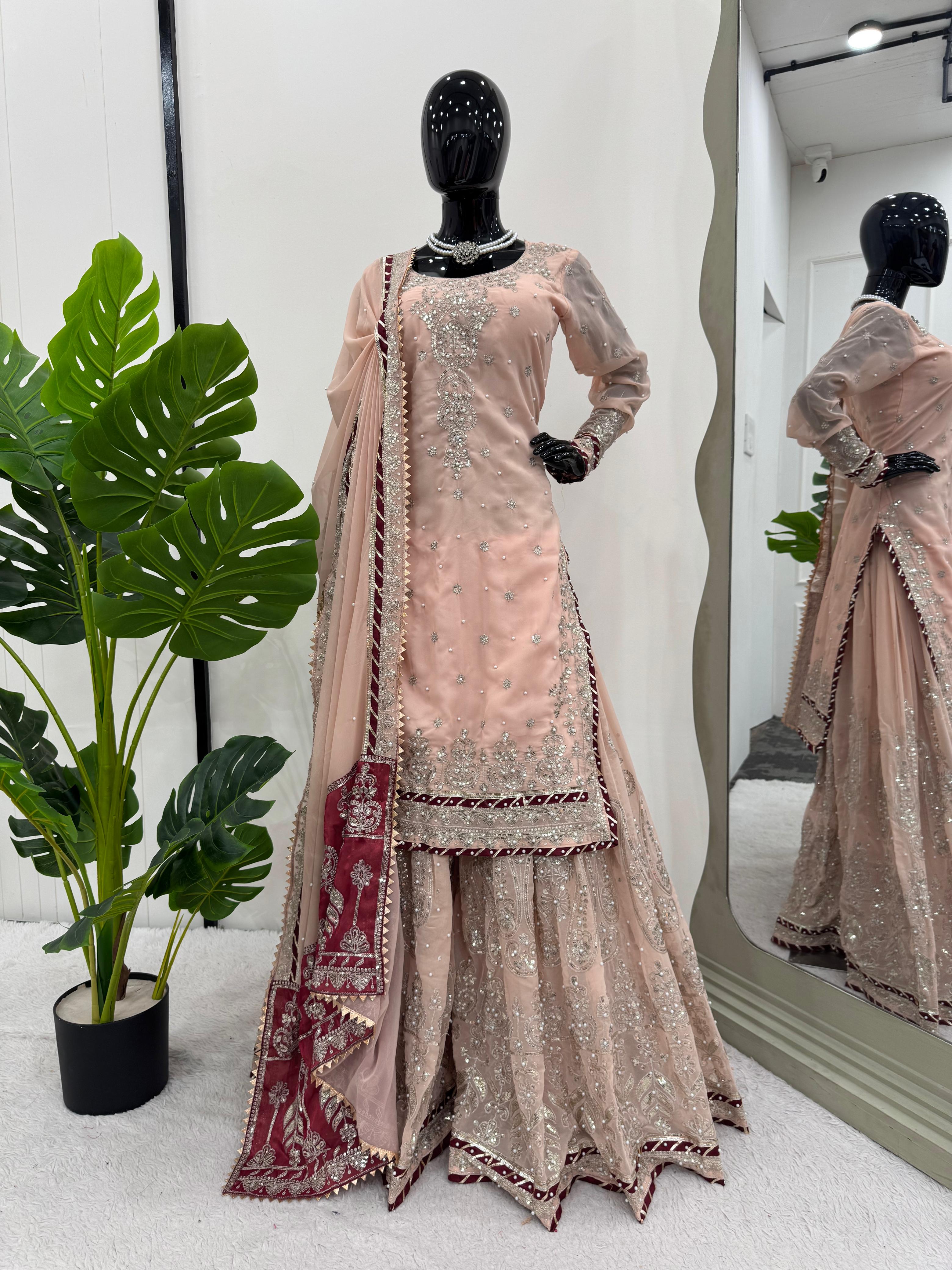 Latest Designer Vihana Pink Embroidered Kurti Sharara Set