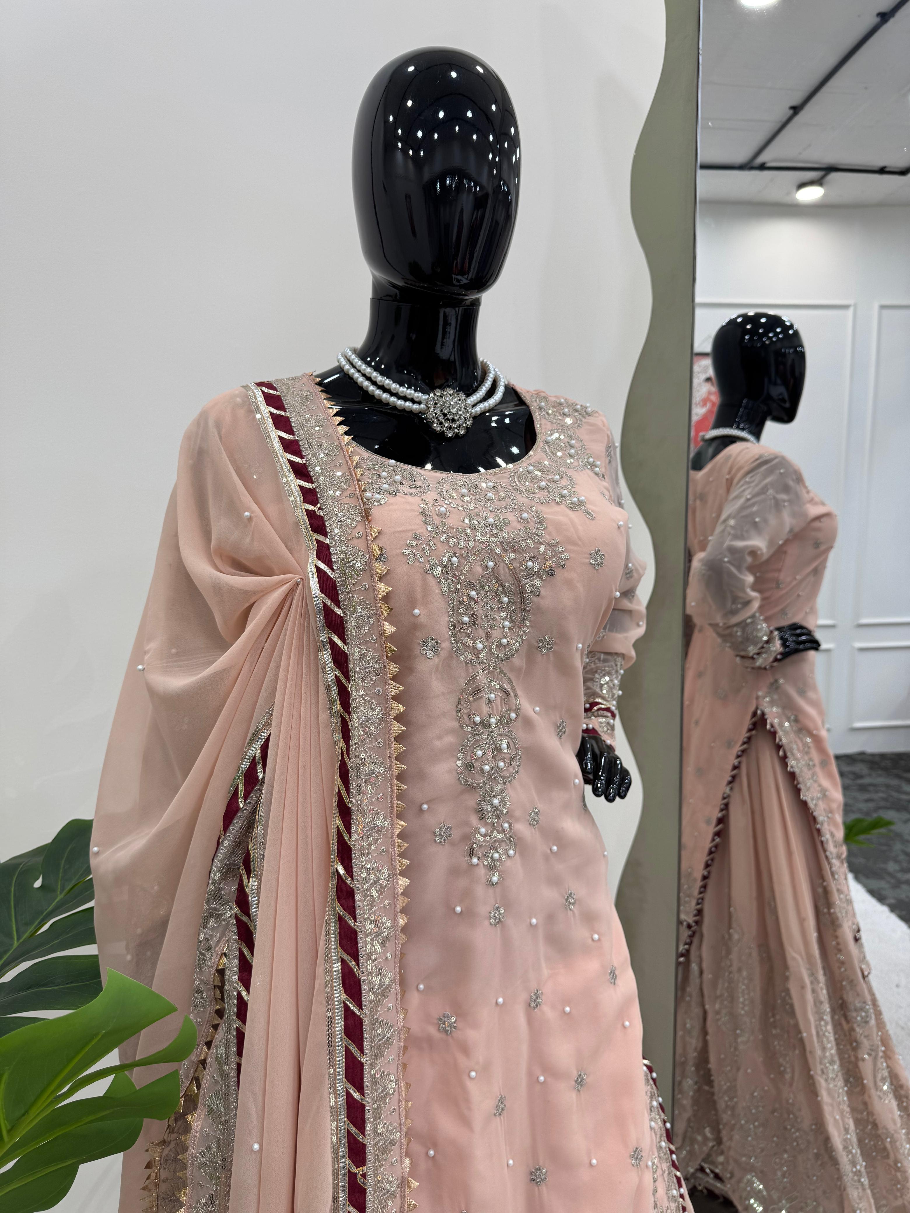 Latest Designer Vihana Pink Embroidered Kurti Sharara Set