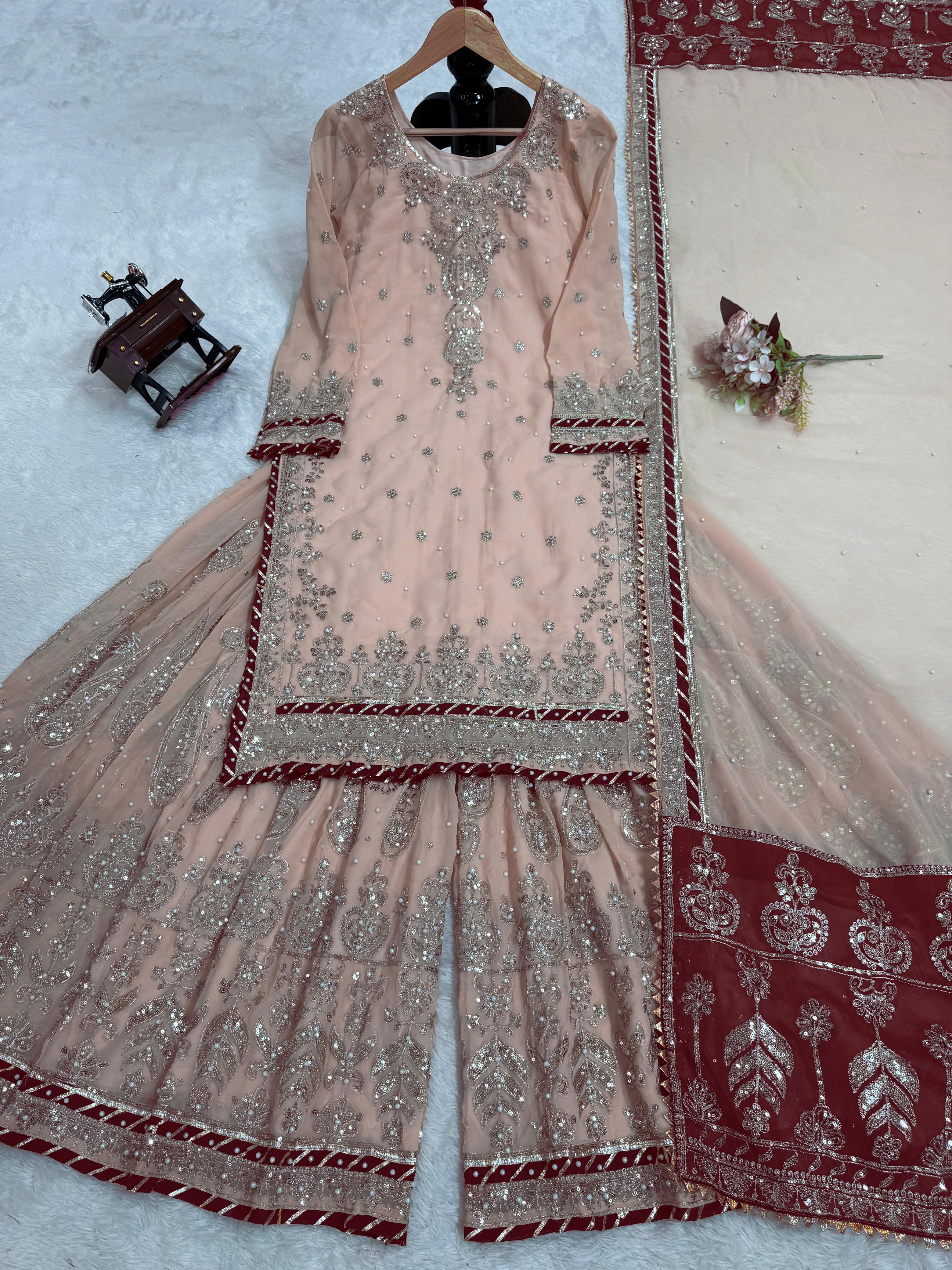 Latest Designer Vihana Pink Embroidered Kurti Sharara Set