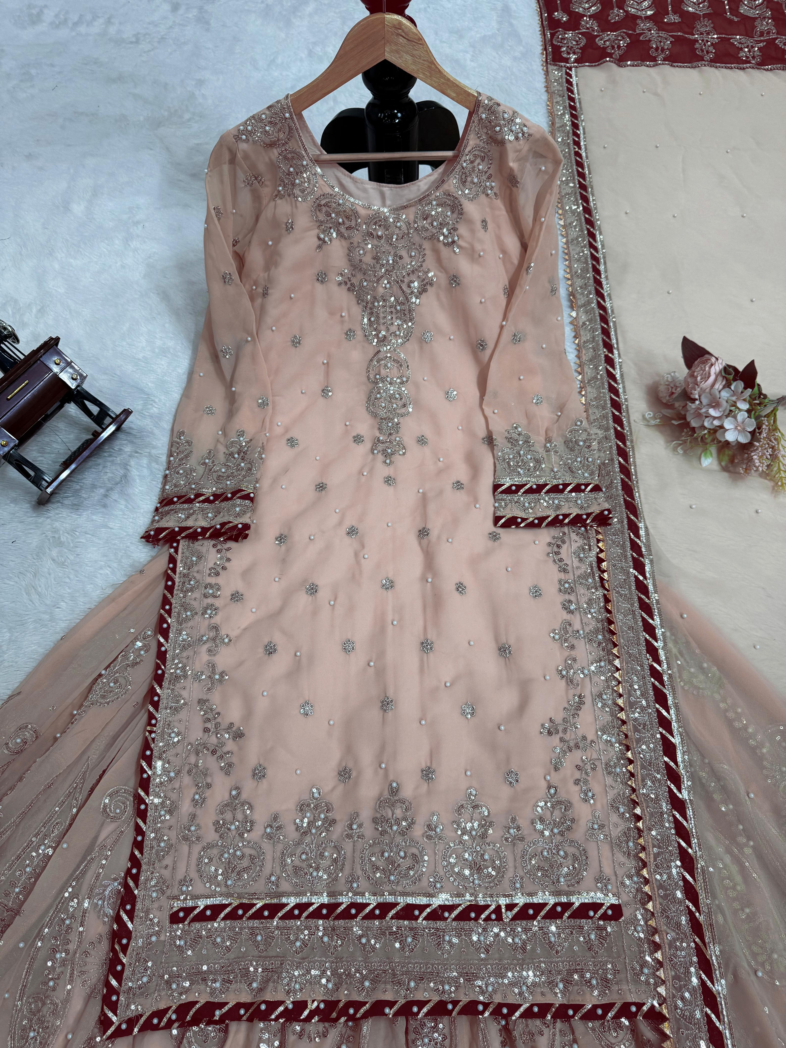Latest Designer Vihana Pink Embroidered Kurti Sharara Set
