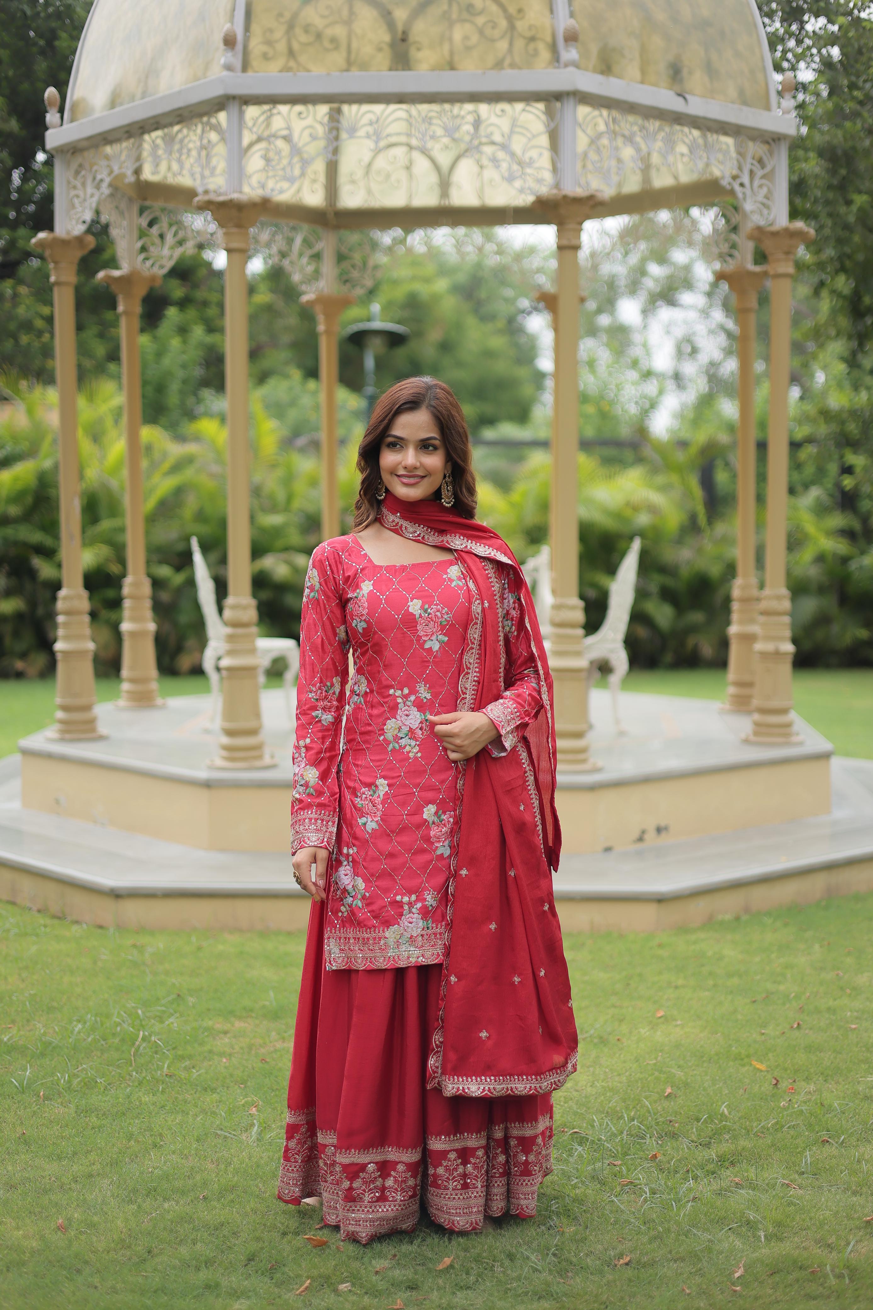 Party Wear Red Color Chinon Printed With Sequins And Thread Embroidered Work Designer Palazzo Suit