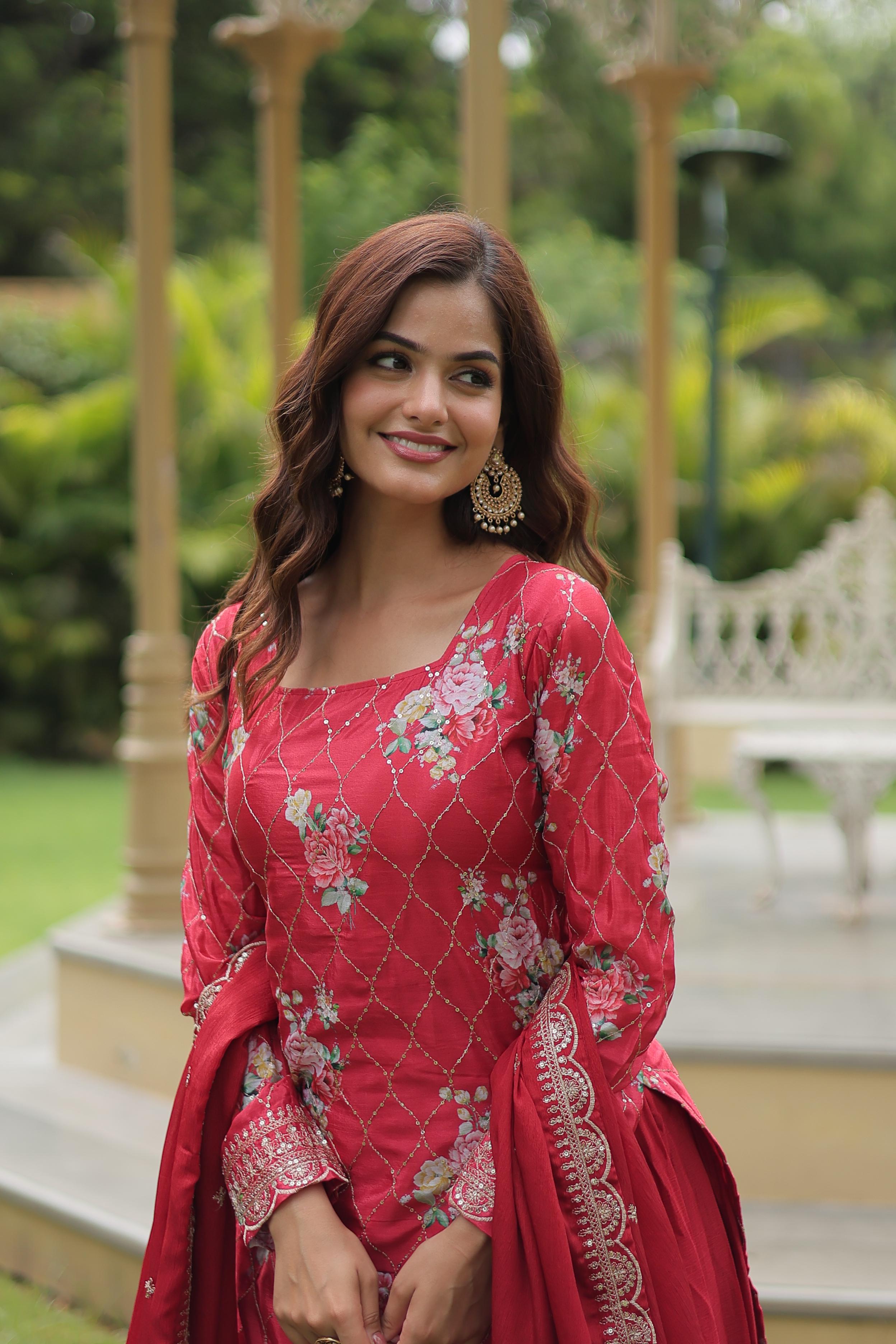Party Wear Red Color Chinon Printed With Sequins And Thread Embroidered Work Designer Palazzo Suit