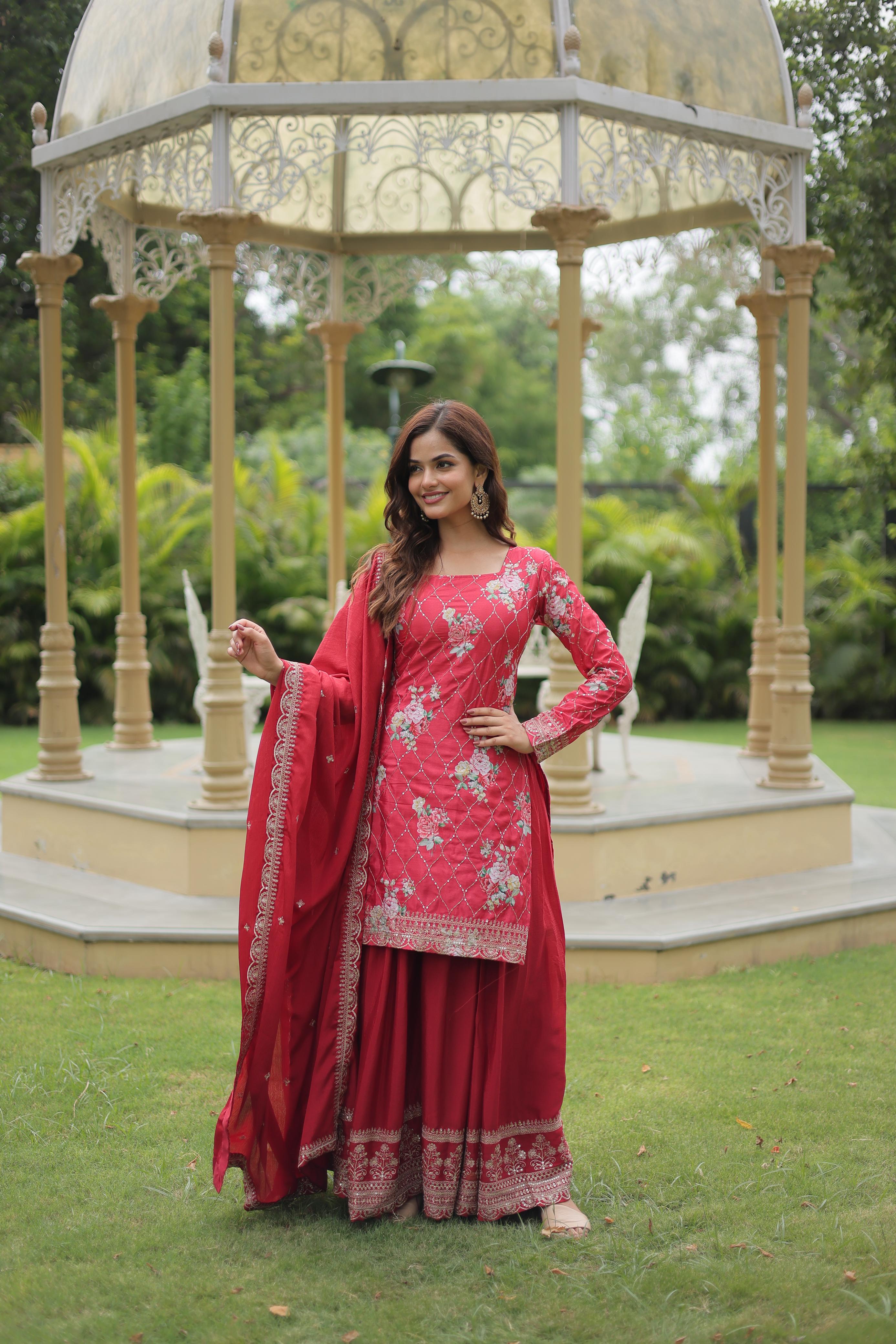 Party Wear Red Color Chinon Printed With Sequins And Thread Embroidered Work Designer Palazzo Suit