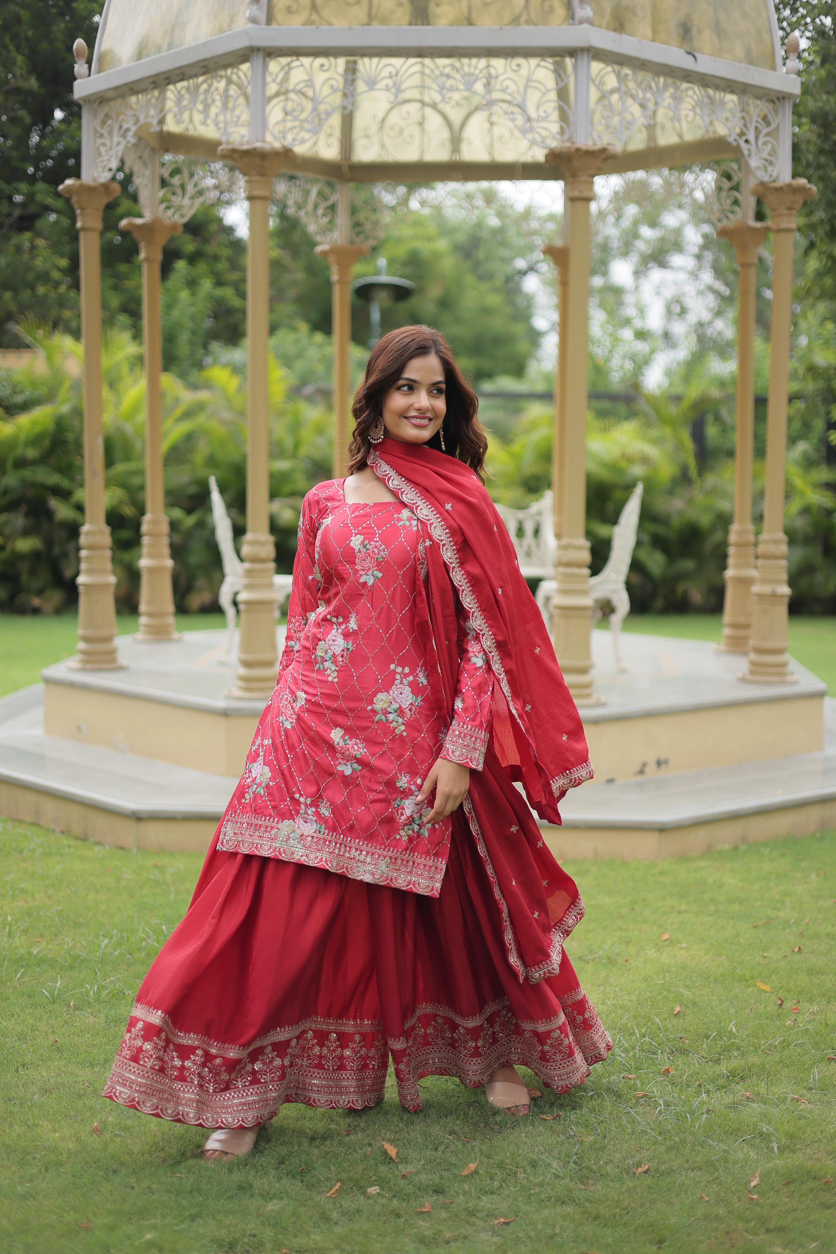 Party Wear Red Color Chinon Printed With Sequins And Thread Embroidered Work Designer Palazzo Suit