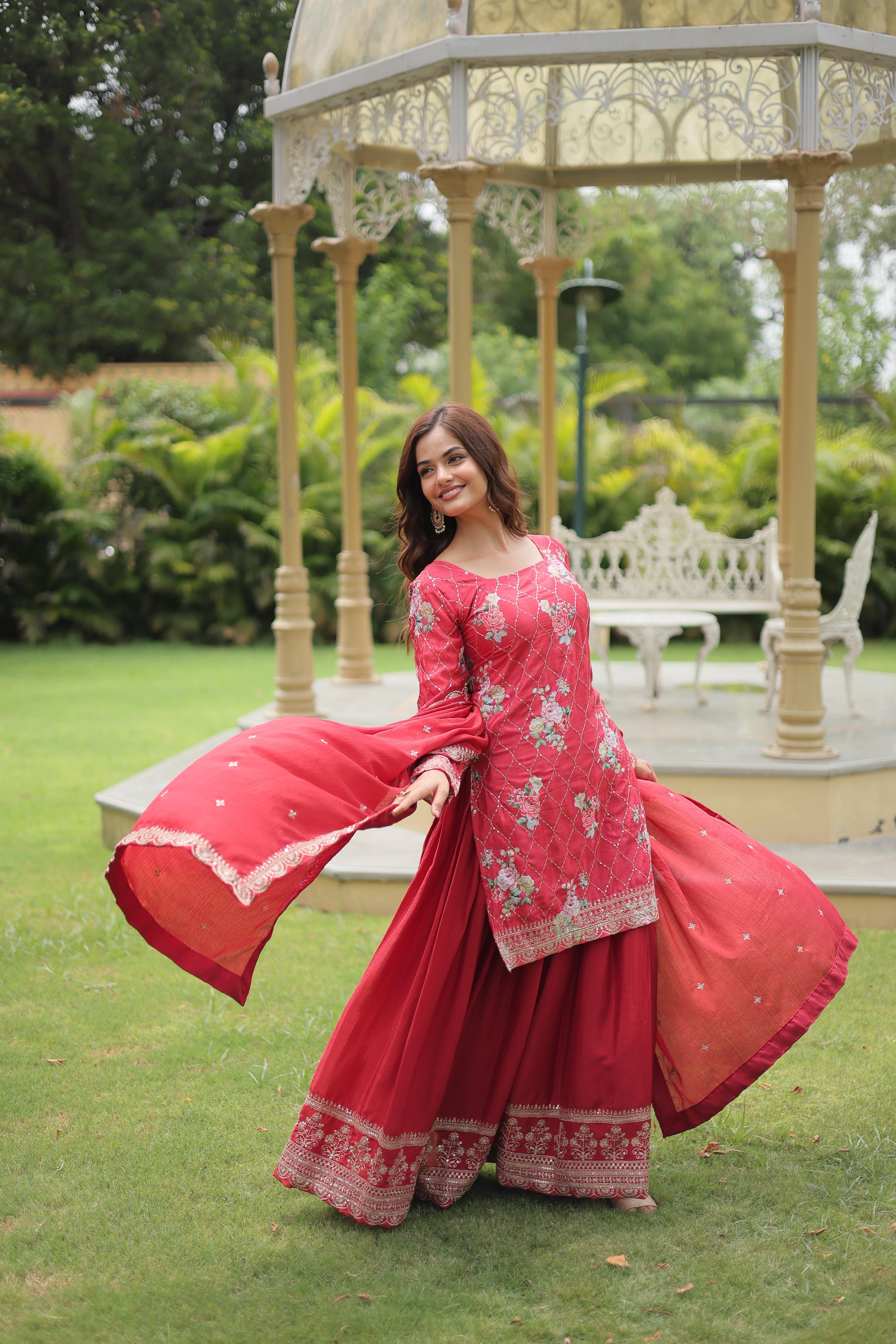 Party Wear Red Color Chinon Printed With Sequins And Thread Embroidered Work Designer Palazzo Suit