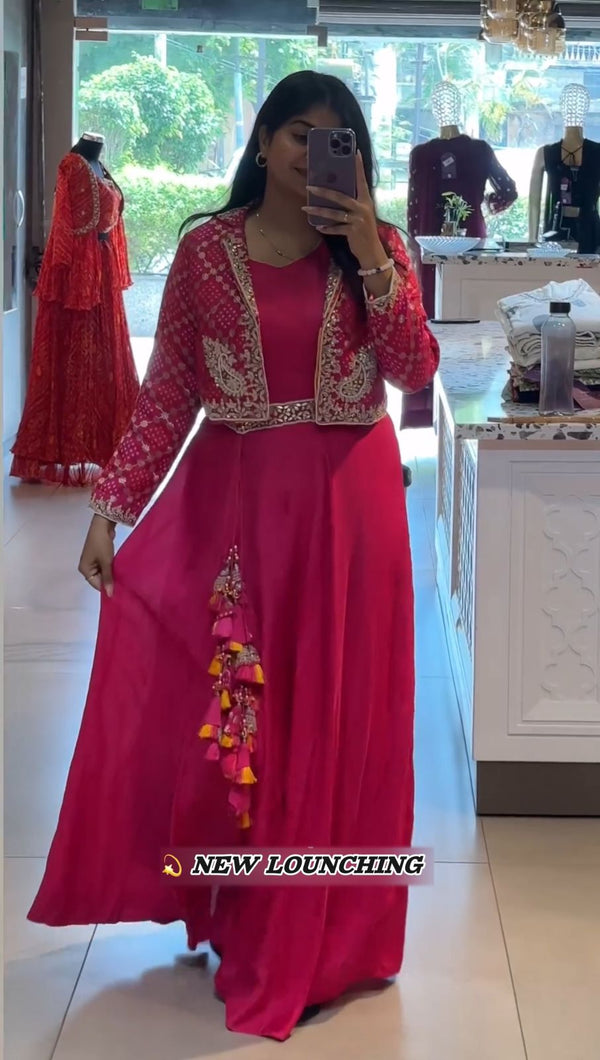 Outstanding Pink Color Faux Georgette With Embroidery Cording Sequence Work Jacket With Gown