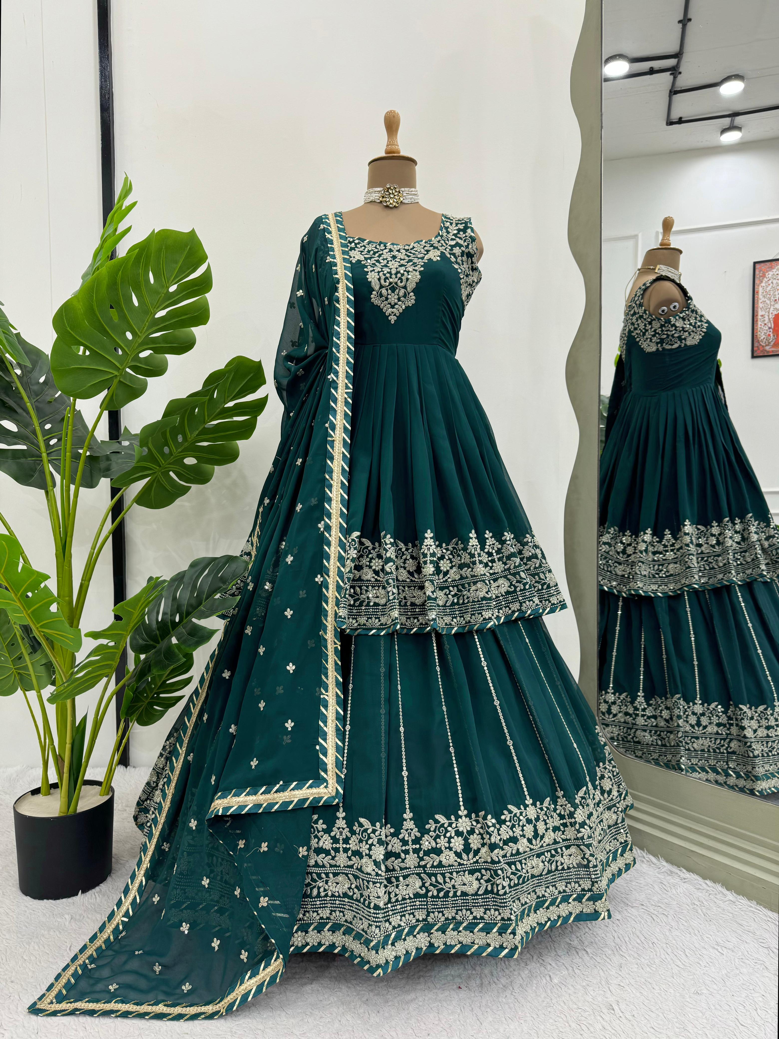 Party Wear Teal Green Faux Georgette And Thread With Sequence Work Designer Lehenga Suit