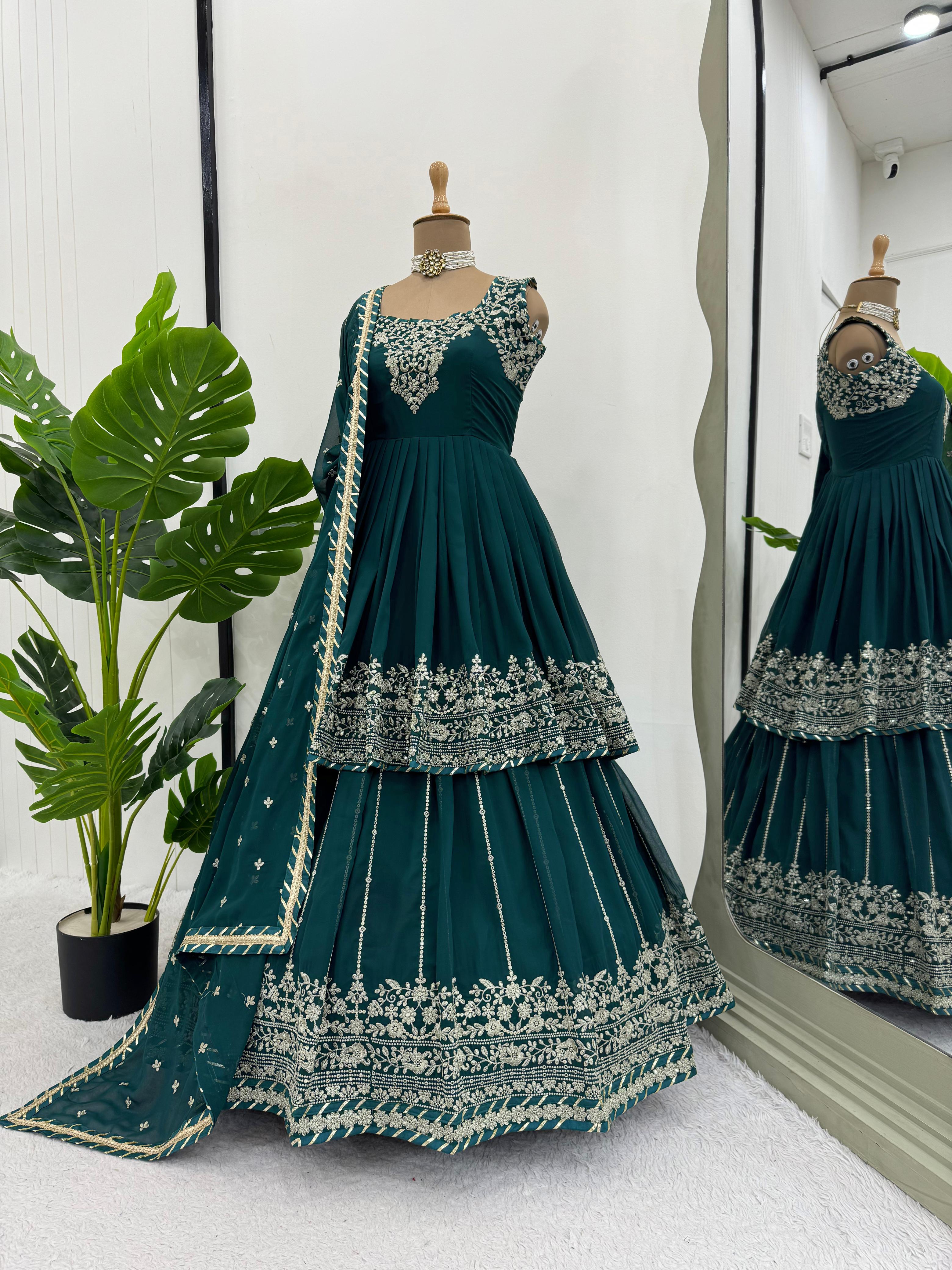 Party Wear Teal Green Faux Georgette And Thread With Sequence Work Designer Lehenga Suit