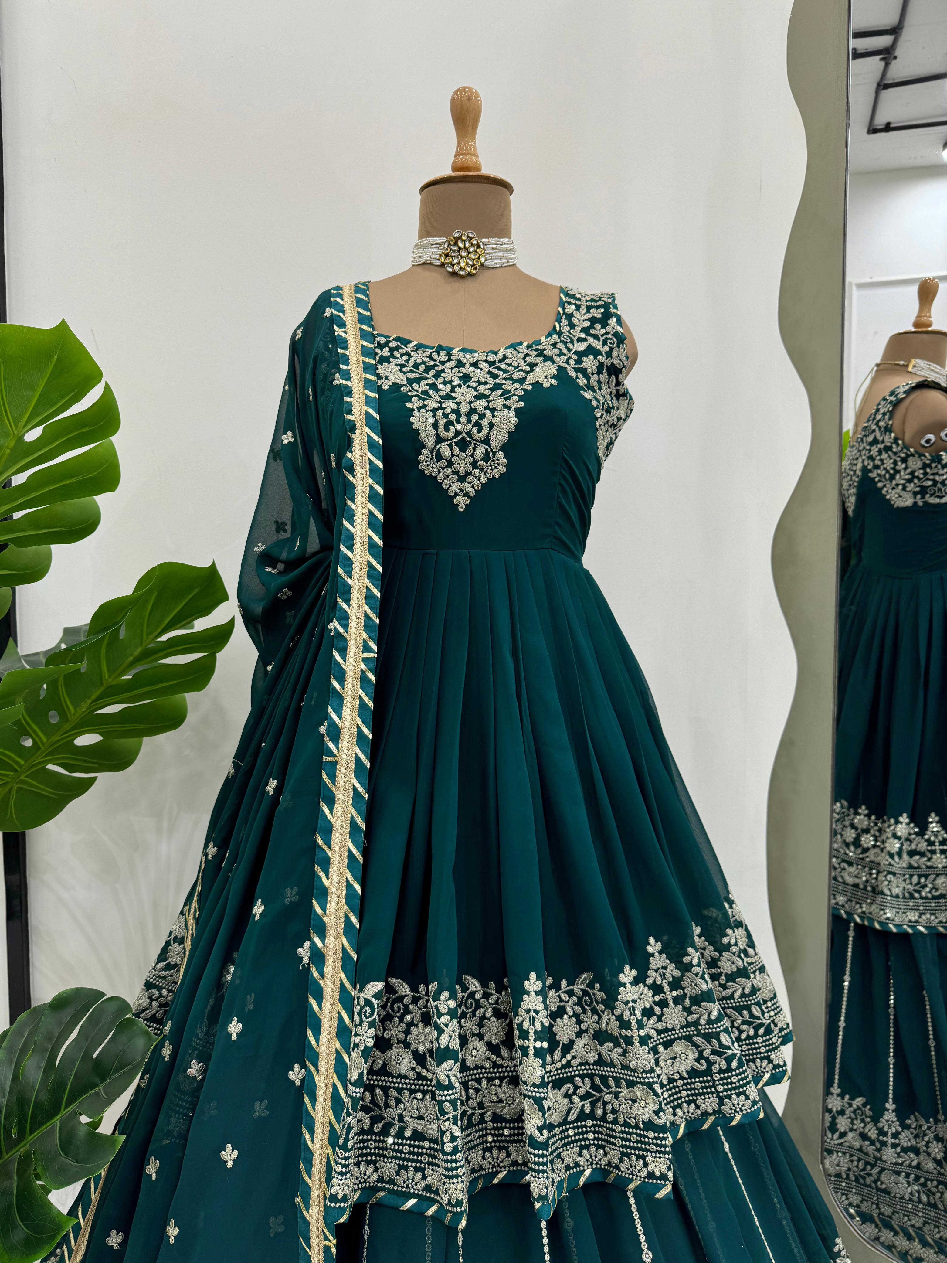 Party Wear Teal Green Faux Georgette And Thread With Sequence Work Designer Lehenga Suit