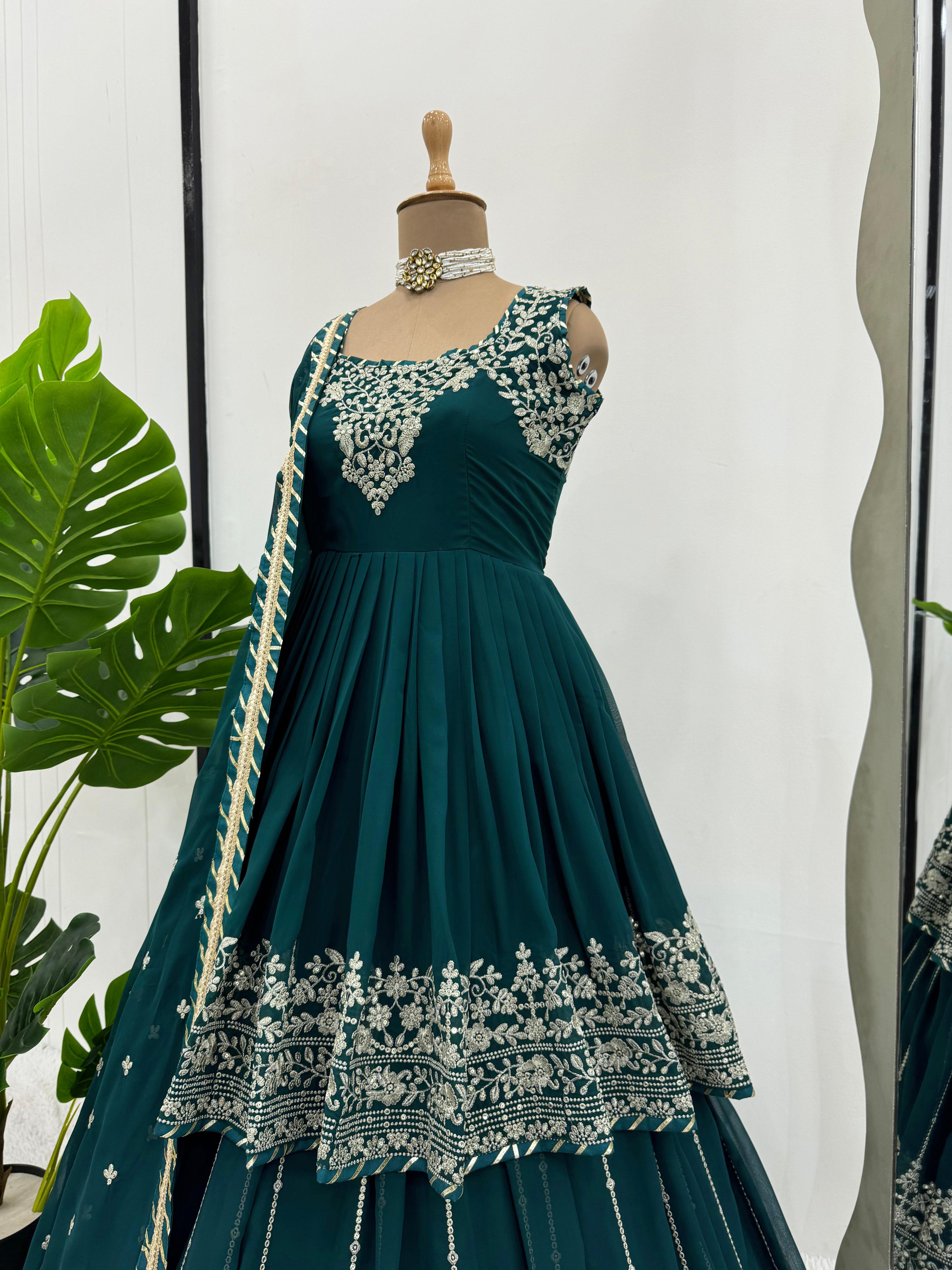 Party Wear Teal Green Faux Georgette And Thread With Sequence Work Designer Lehenga Suit