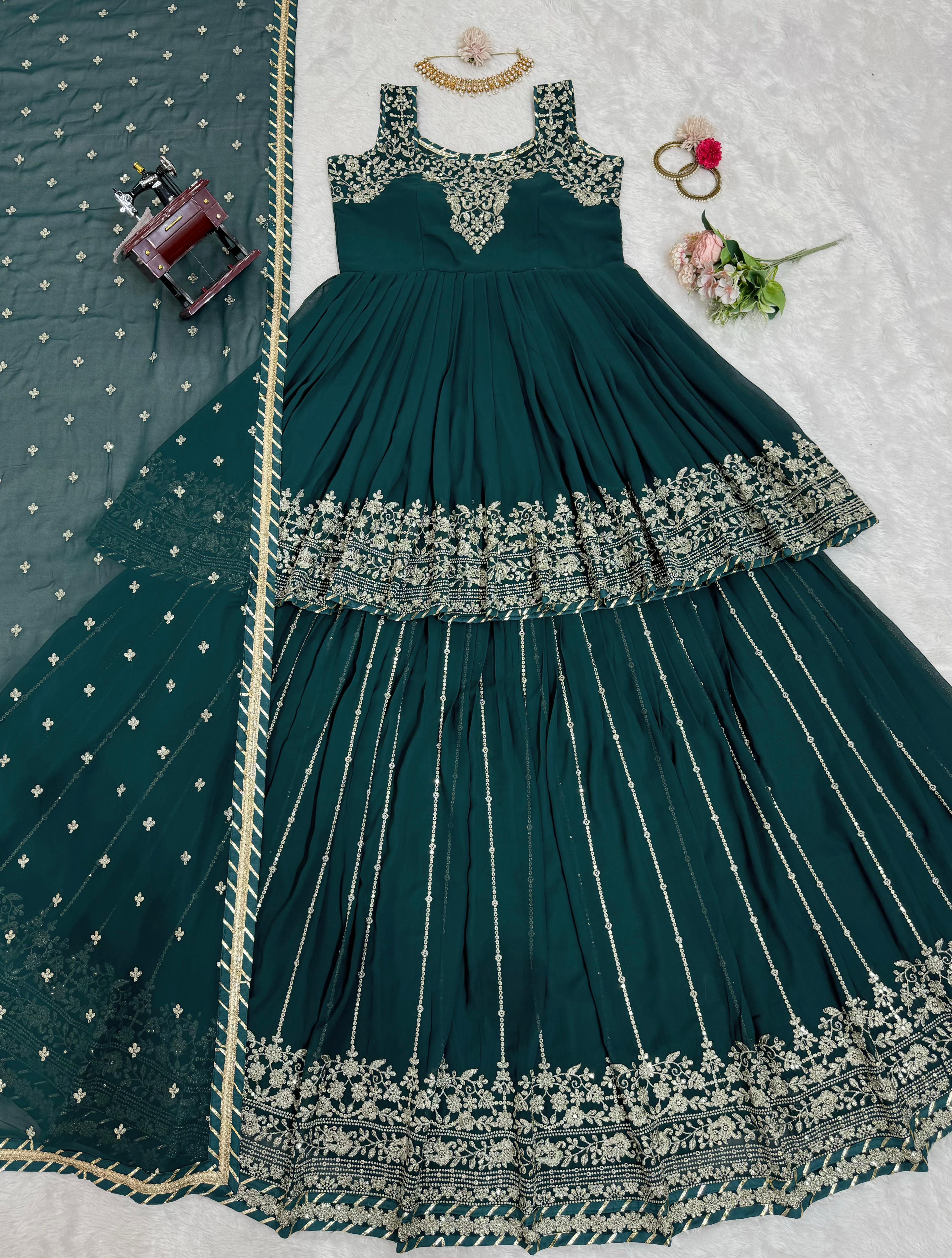 Party Wear Teal Green Faux Georgette And Thread With Sequence Work Designer Lehenga Suit