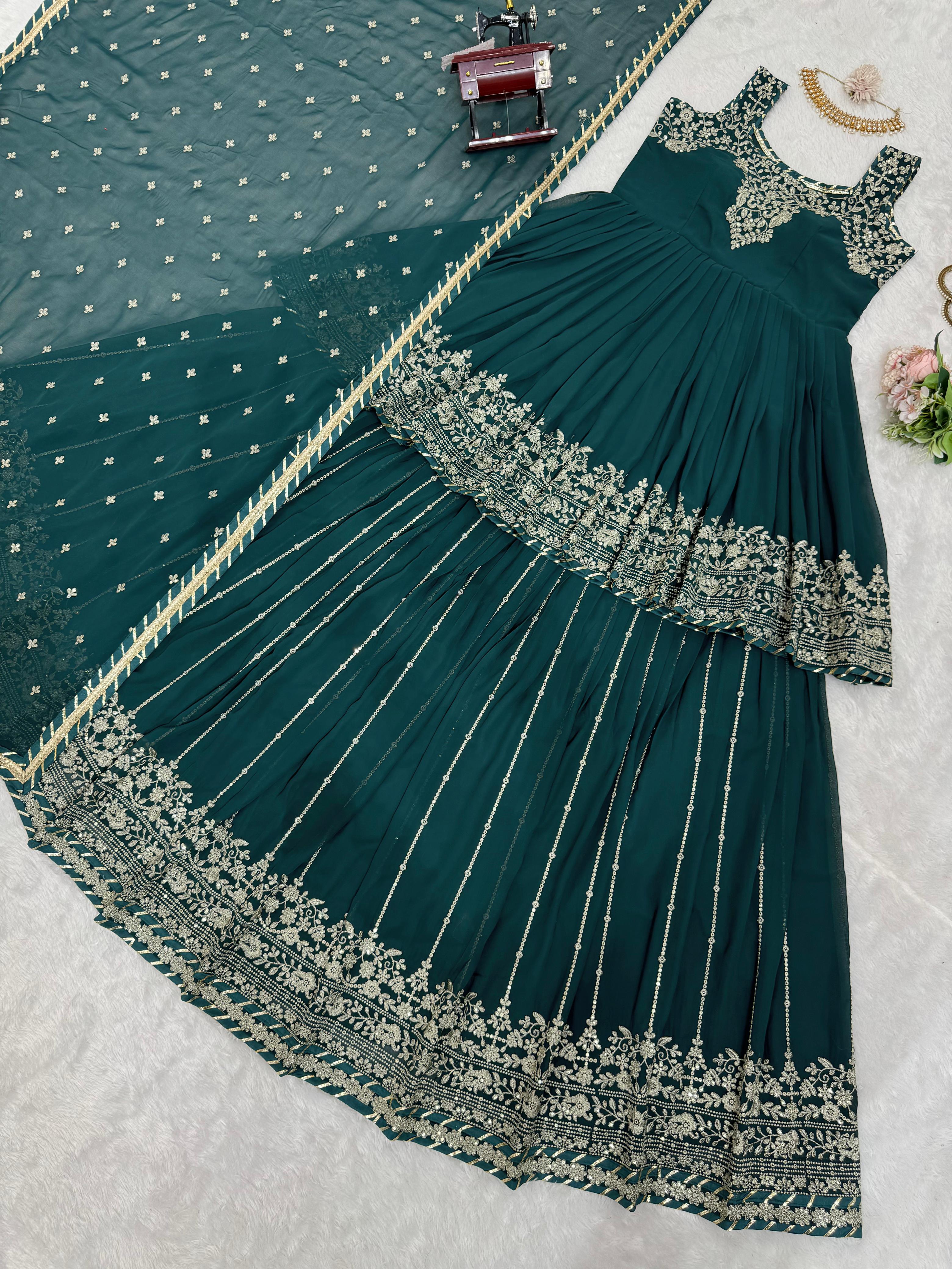 Party Wear Teal Green Faux Georgette And Thread With Sequence Work Designer Lehenga Suit