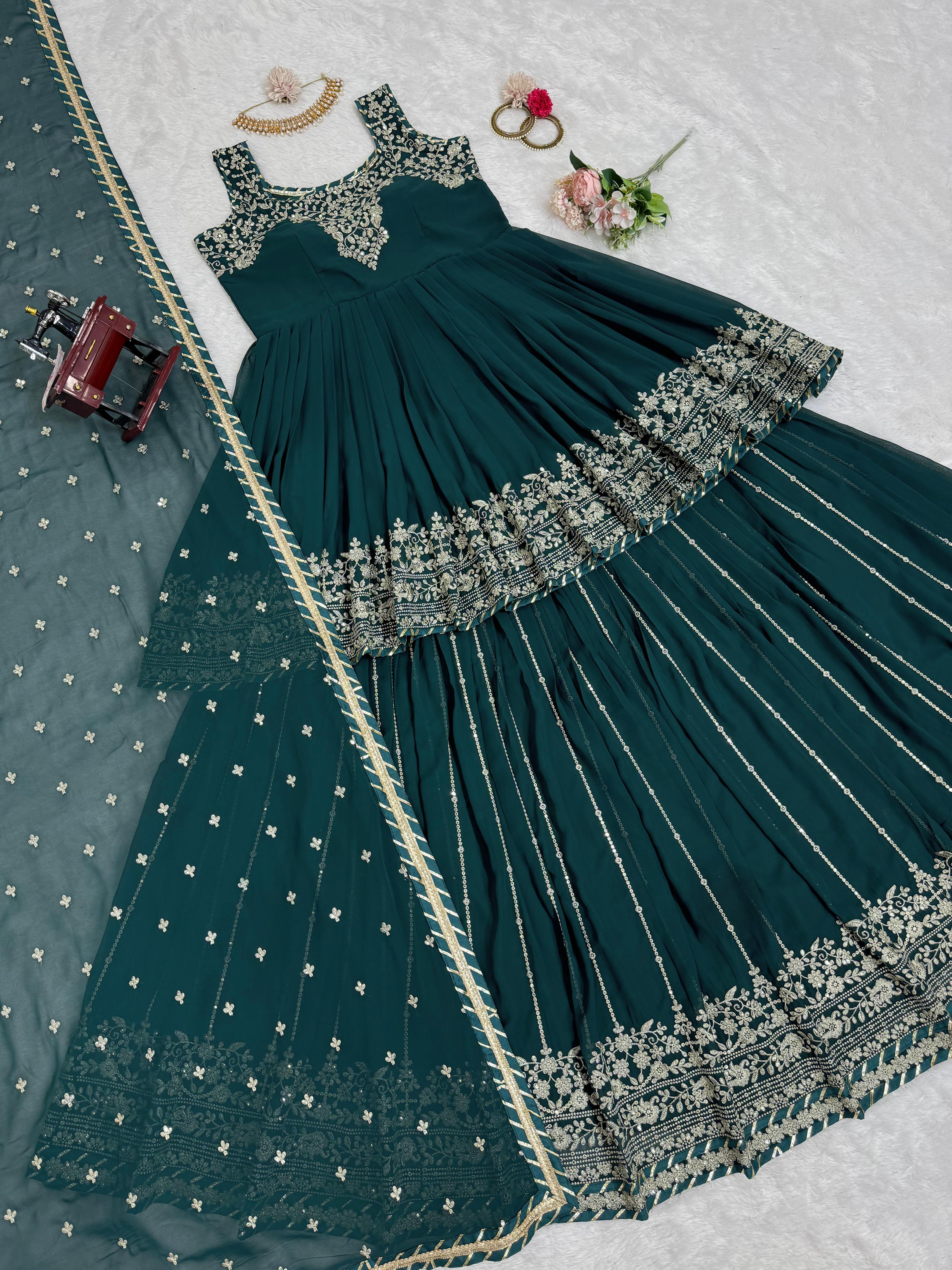 Party Wear Teal Green Faux Georgette And Thread With Sequence Work Designer Lehenga Suit