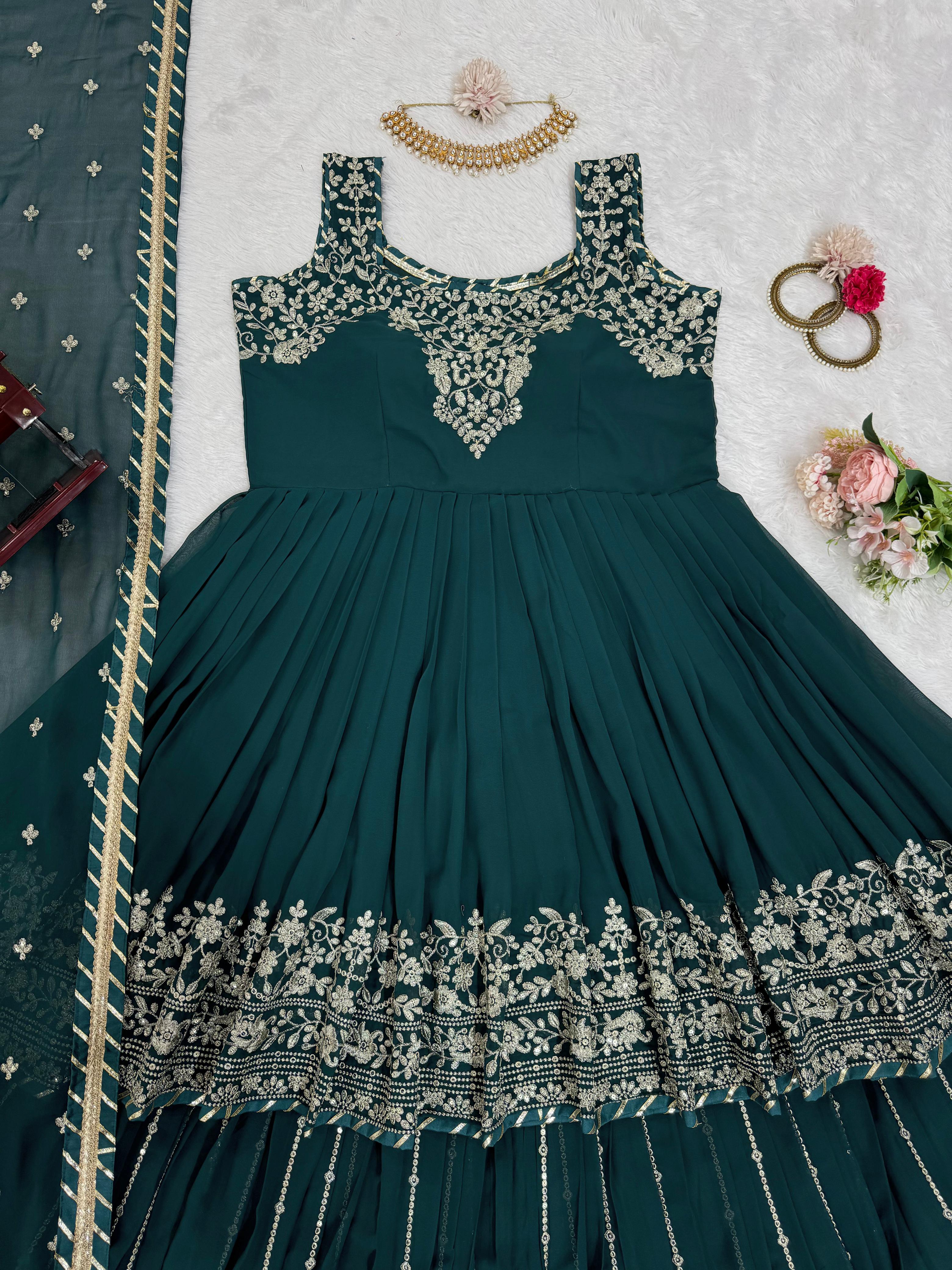 Party Wear Teal Green Faux Georgette And Thread With Sequence Work Designer Lehenga Suit