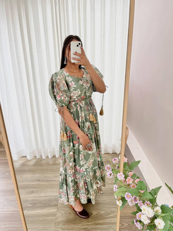 Trendy Pista Green Color Roman Silk Foil Printed Designer Gown