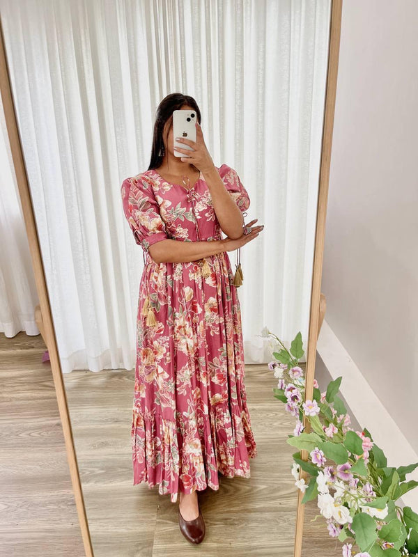 Trendy Peach Color Roman Silk Foil Printed Designer Gown