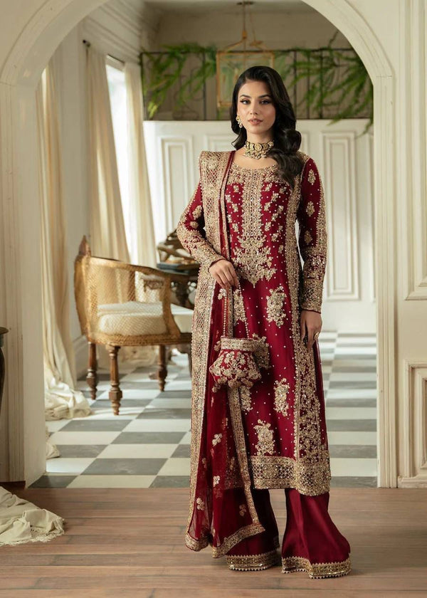Wedding Wear Maroon Color Faux Georgette Thread And Sequenced With Pearl Work Palazoo Suit