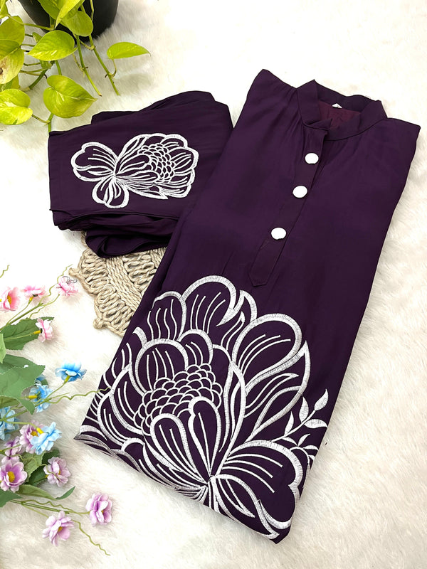 Shining Purple Color Roman Silk Embroidery Work Cord-Set