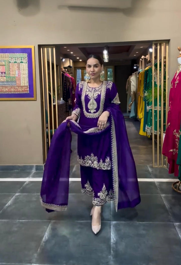 Stunning Royal Blue Color Pure Heavy Chinon Silk With Heavy Embroidery Coding Sequence Work Salwar Suit