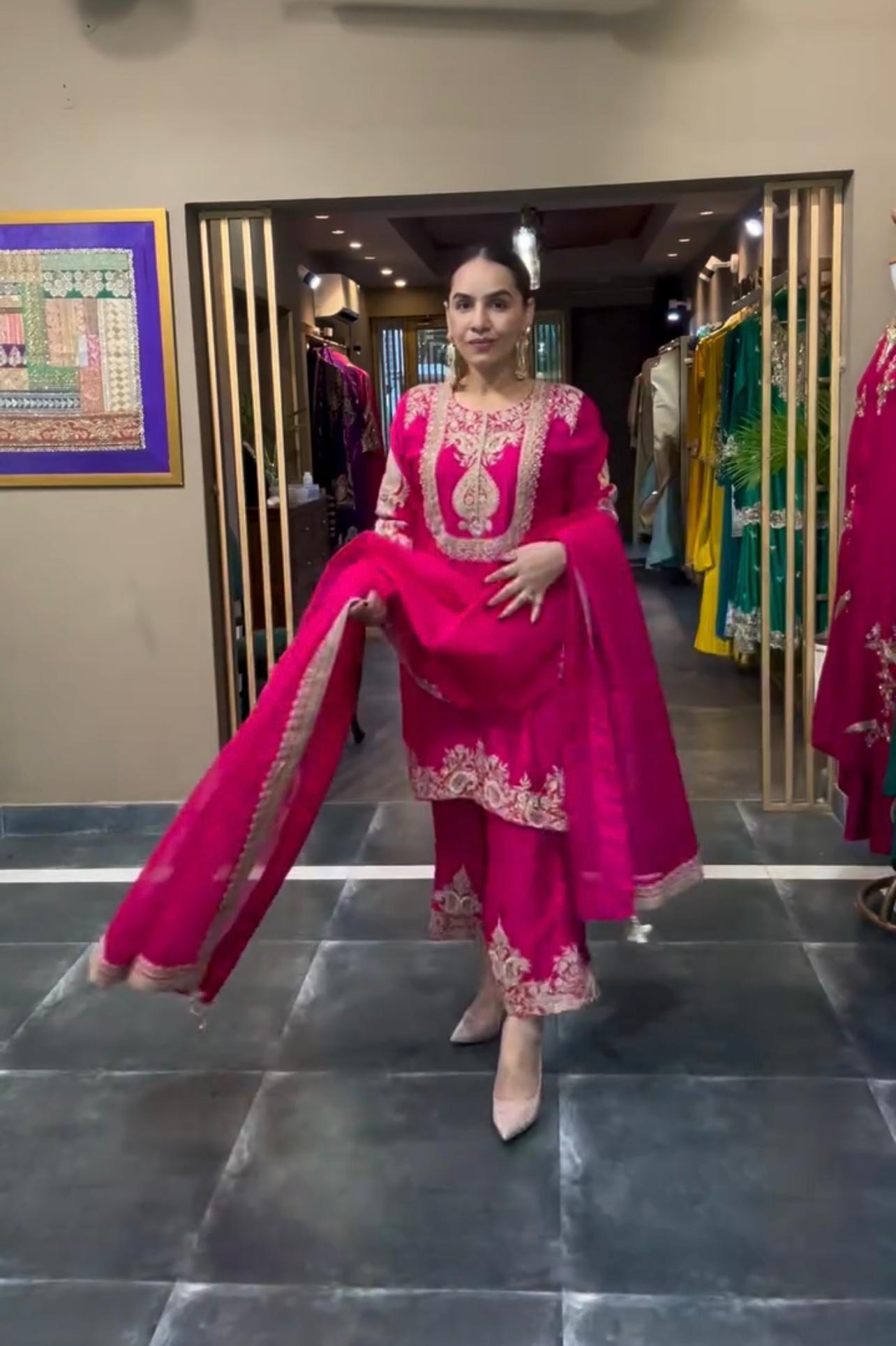 Stunning Pink Color Pure Heavy Chinon Silk With Heavy Embroidery Coding Sequence Work Salwar Suit