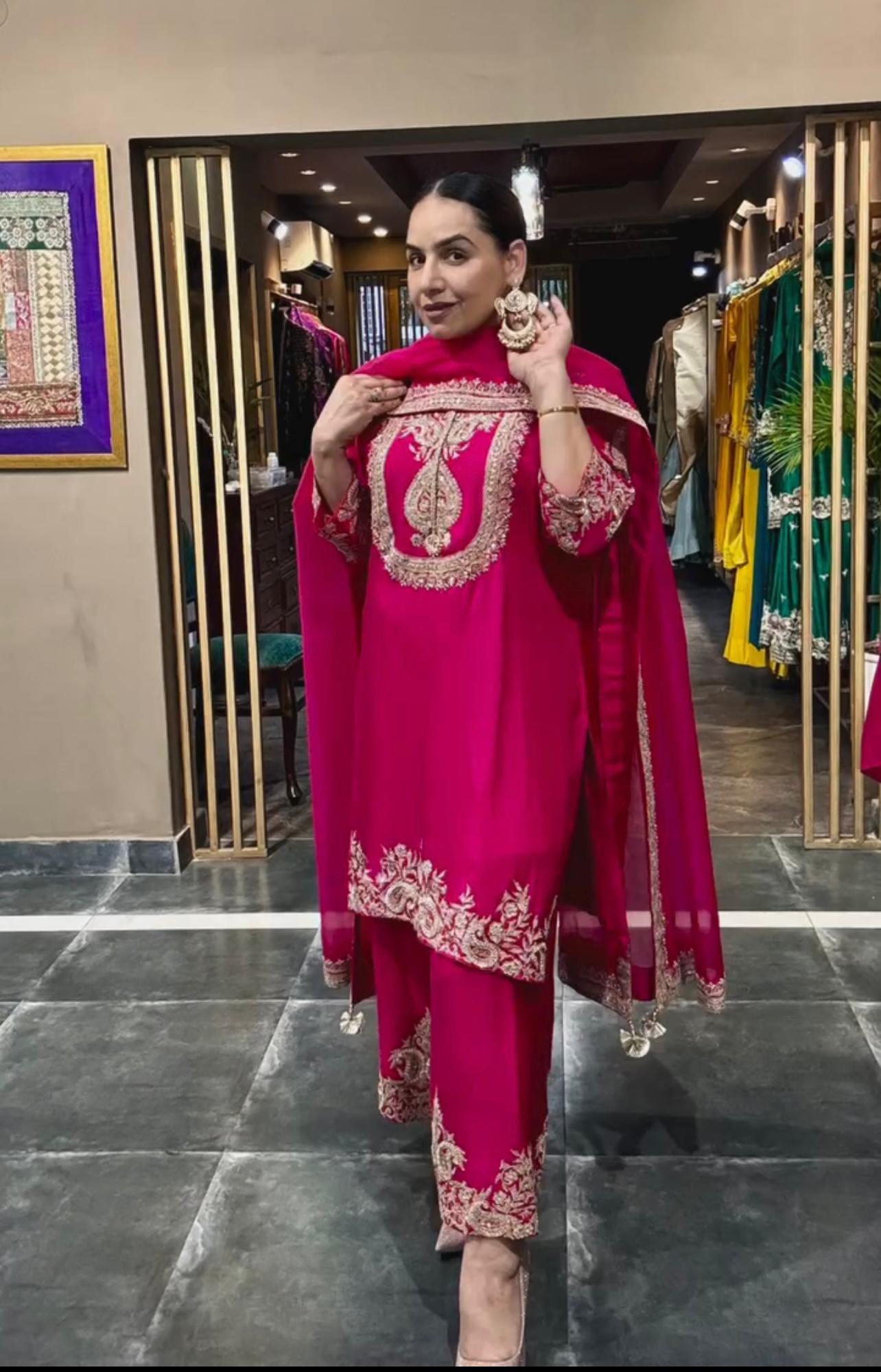 Stunning Pink Color Pure Heavy Chinon Silk With Heavy Embroidery Coding Sequence Work Salwar Suit