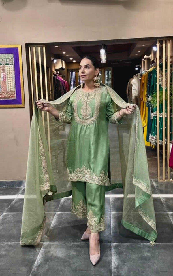 Stunning Pista Green Color Pure Heavy Chinon Silk With Heavy Embroidery Coding Sequence Work Salwar Suit