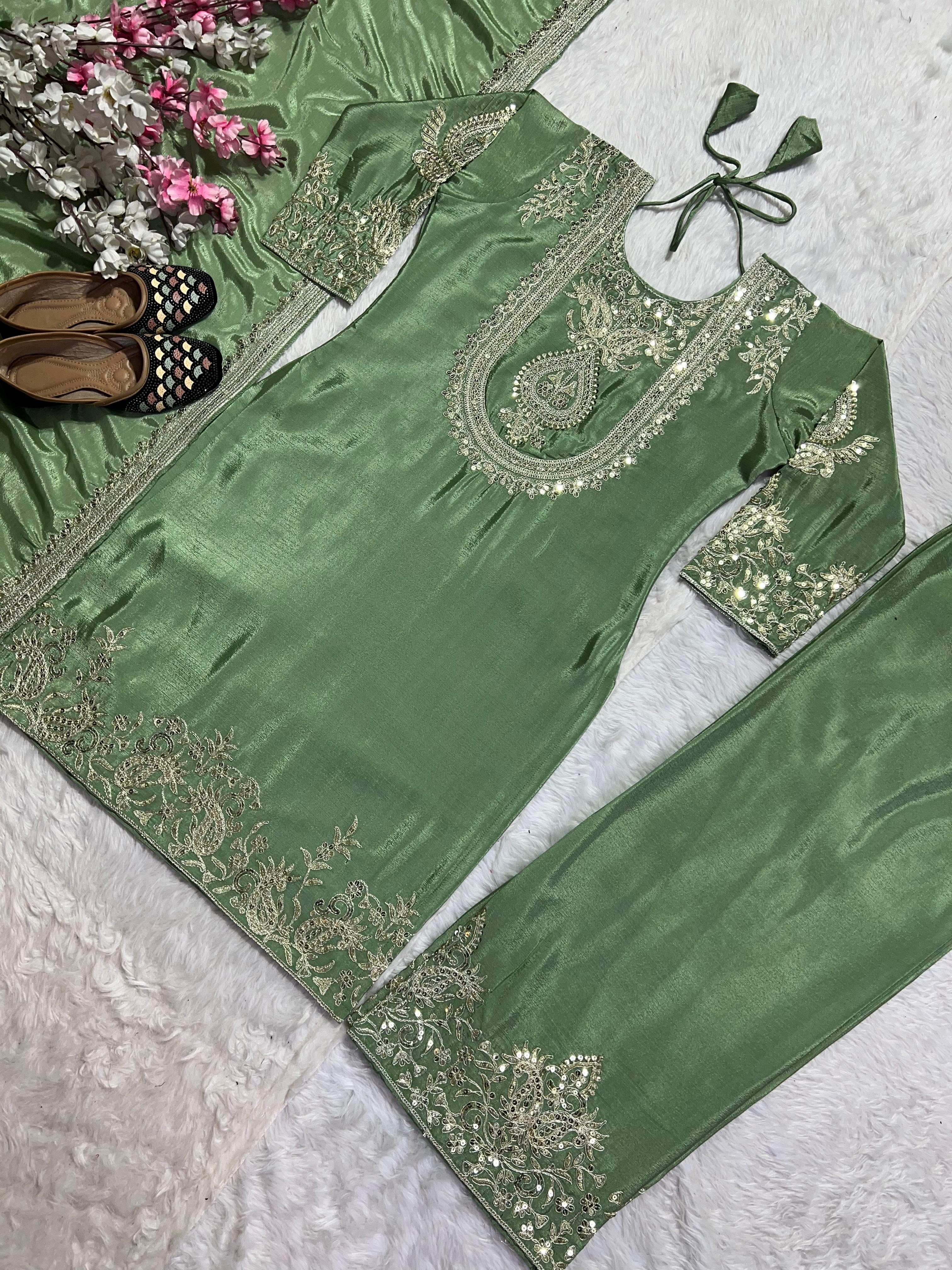 Stunning Pista Green Color Pure Heavy Chinon Silk With Heavy Embroidery Coding Sequence Work Salwar Suit