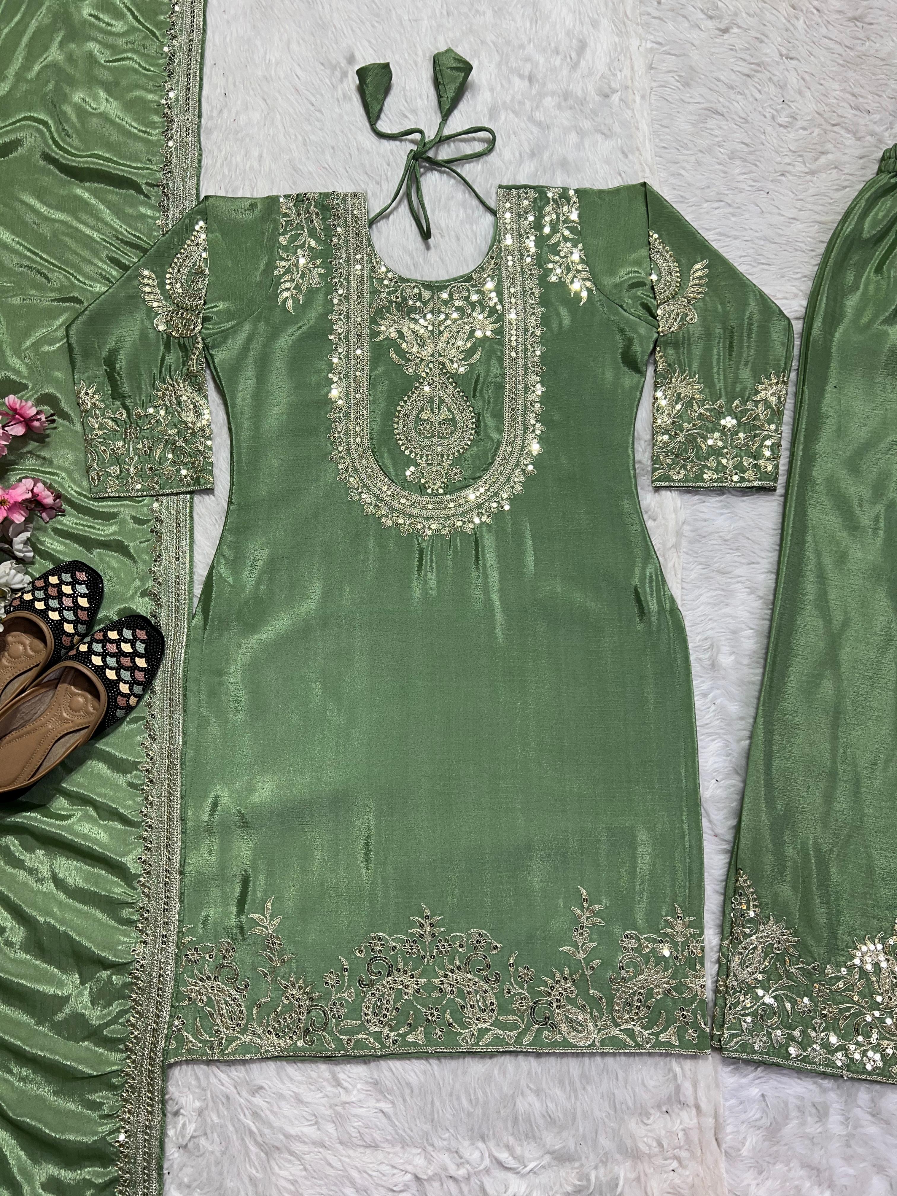Stunning Pista Green Color Pure Heavy Chinon Silk With Heavy Embroidery Coding Sequence Work Salwar Suit