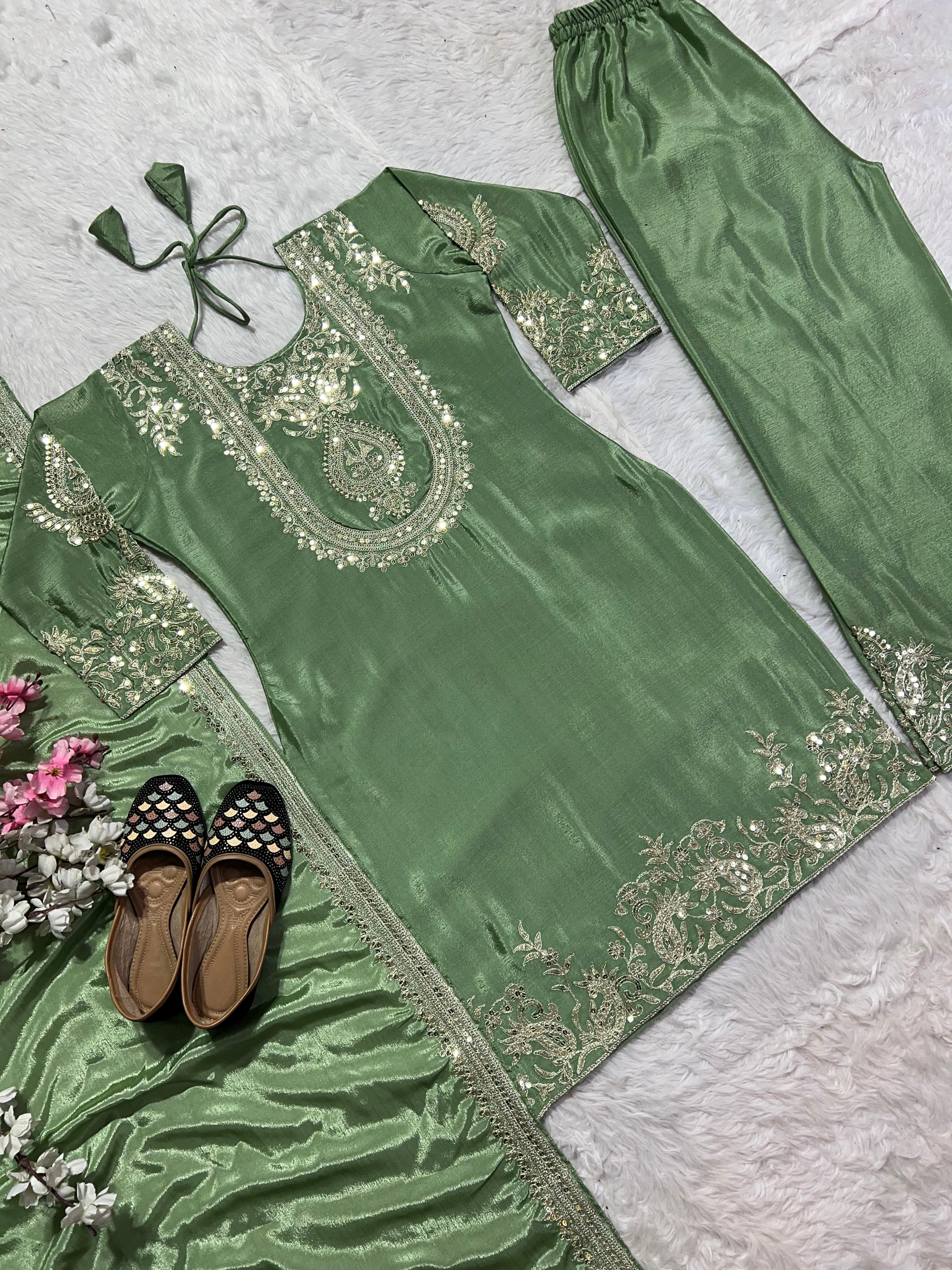 Stunning Pista Green Color Pure Heavy Chinon Silk With Heavy Embroidery Coding Sequence Work Salwar Suit