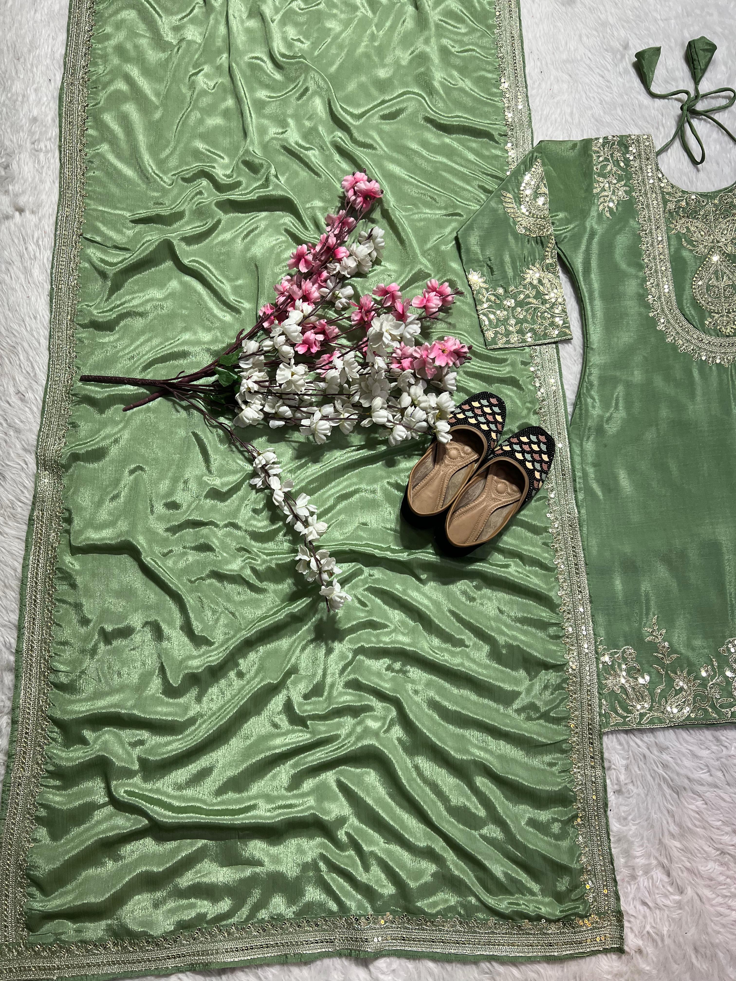 Stunning Pista Green Color Pure Heavy Chinon Silk With Heavy Embroidery Coding Sequence Work Salwar Suit