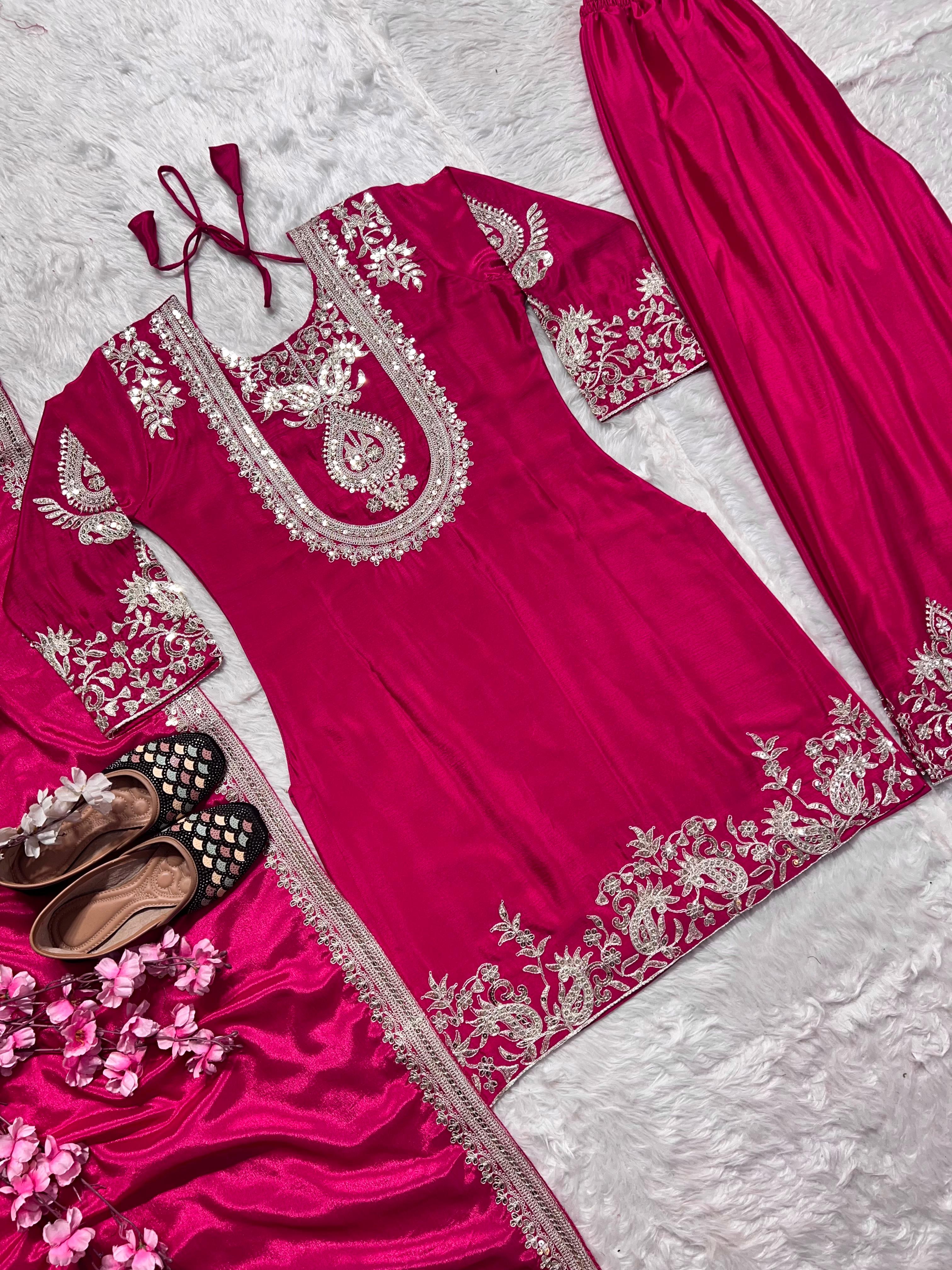 Stunning Pink Color Pure Heavy Chinon Silk With Heavy Embroidery Coding Sequence Work Salwar Suit