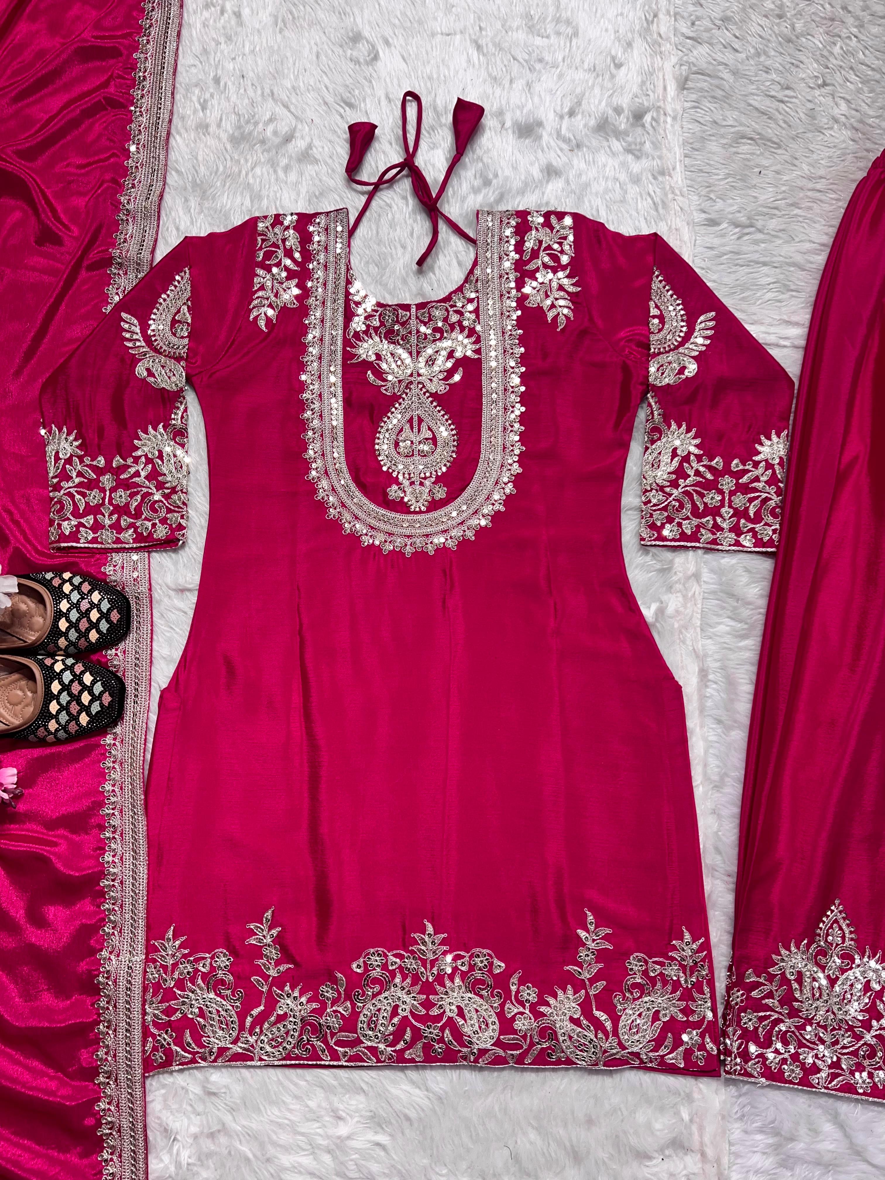 Stunning Pink Color Pure Heavy Chinon Silk With Heavy Embroidery Coding Sequence Work Salwar Suit