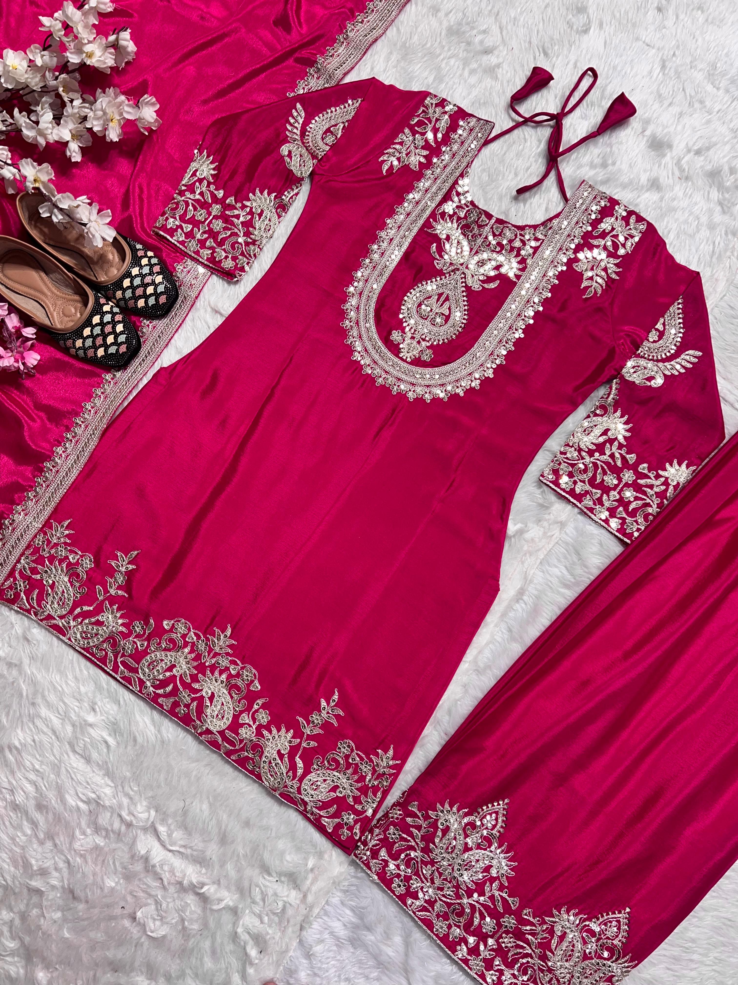 Stunning Pink Color Pure Heavy Chinon Silk With Heavy Embroidery Coding Sequence Work Salwar Suit