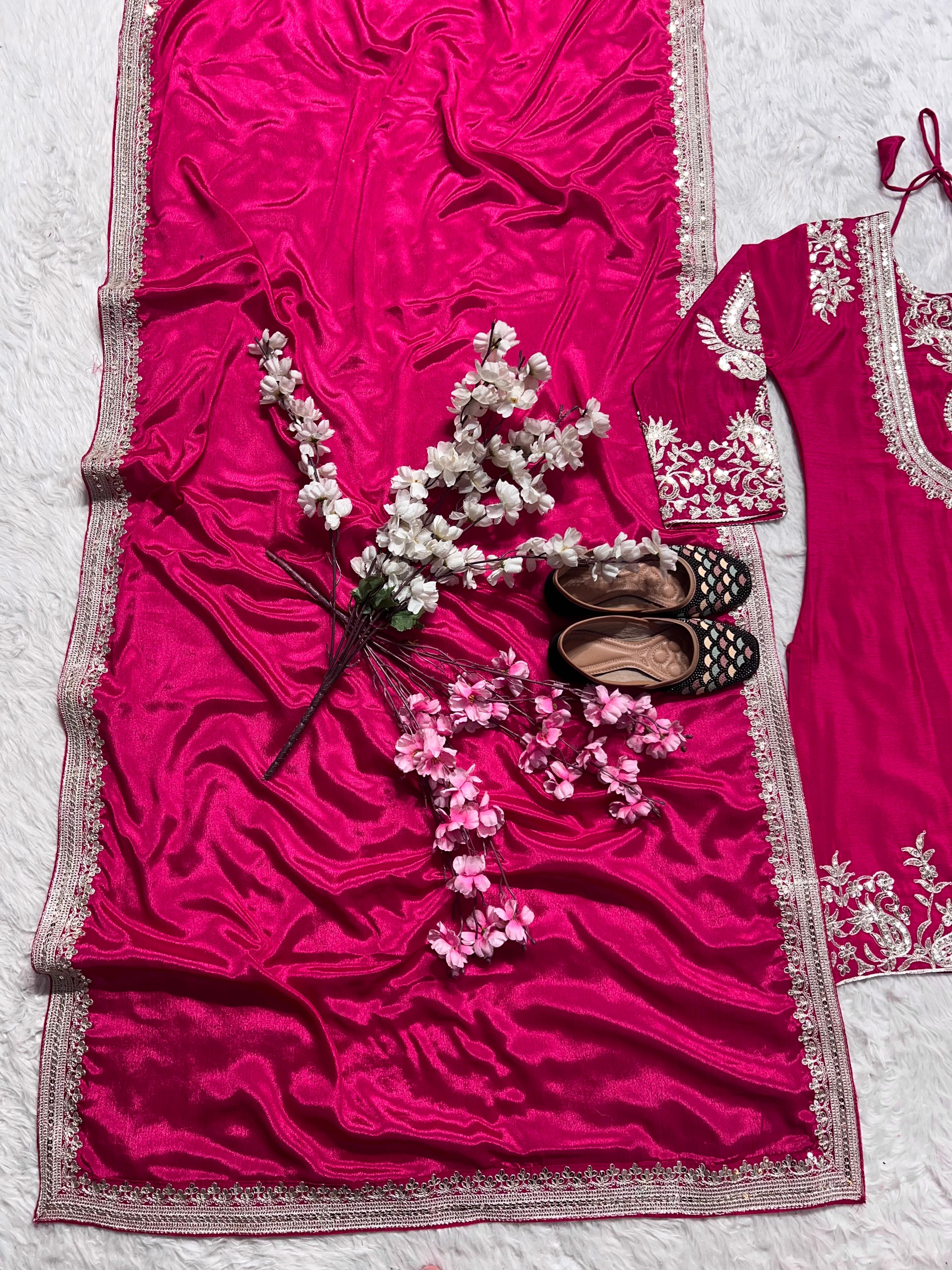 Stunning Pink Color Pure Heavy Chinon Silk With Heavy Embroidery Coding Sequence Work Salwar Suit