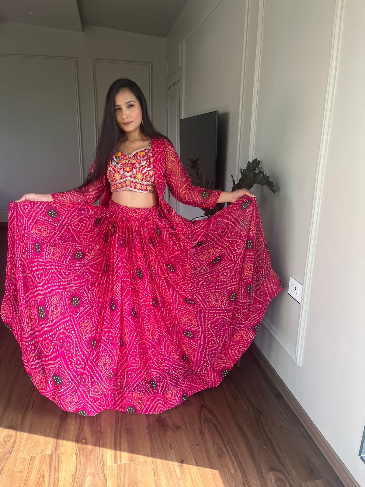 Glimmering Pink Color Pure Bandhrej Heavy Embroidery Work Beautiful Lehenga Choli With Jacket