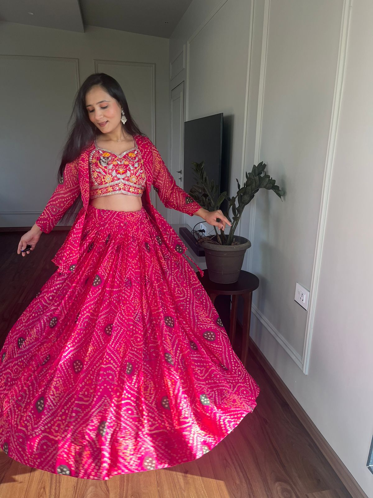 Glimmering Pink Color Pure Bandhrej Heavy Embroidery Work Beautiful Lehenga Choli With Jacket