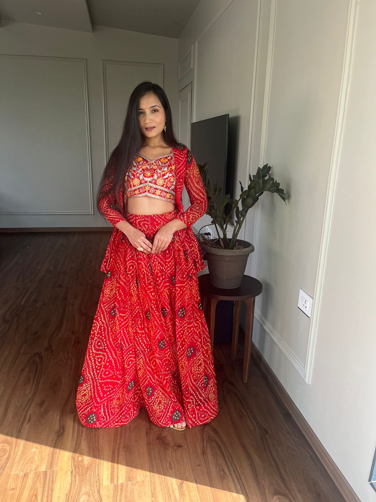 Glimmering Red Color Pure Bandhej Heavy Embroidery Work Beautiful Lehenga Choli With Jacket