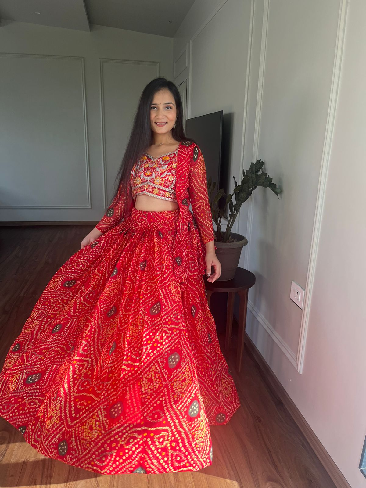 Glimmering Red Color Pure Bandhej Heavy Embroidery Work Beautiful Lehenga Choli With Jacket