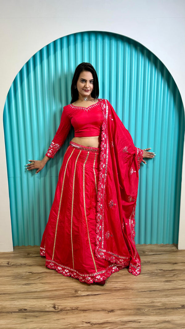 Wedding Wear Hot Pink Color Two Tone Slub Slik With Foil Paper Work Beautiful Lehenga Coli