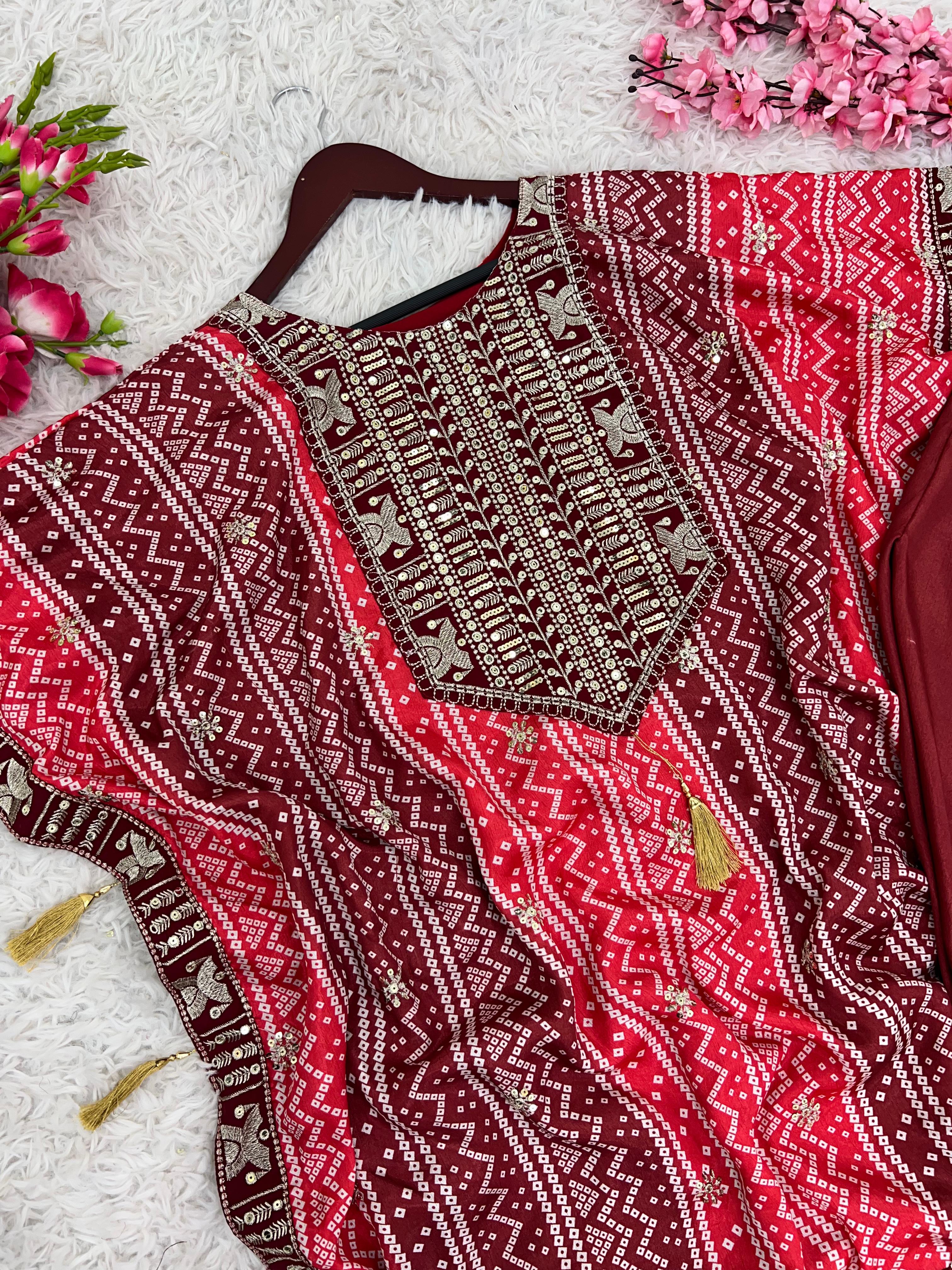 Marvelous Multi Color Pure Chinon Silk With Embroidery Sequence Work With Beautiful Digital Printed Salwar Suit