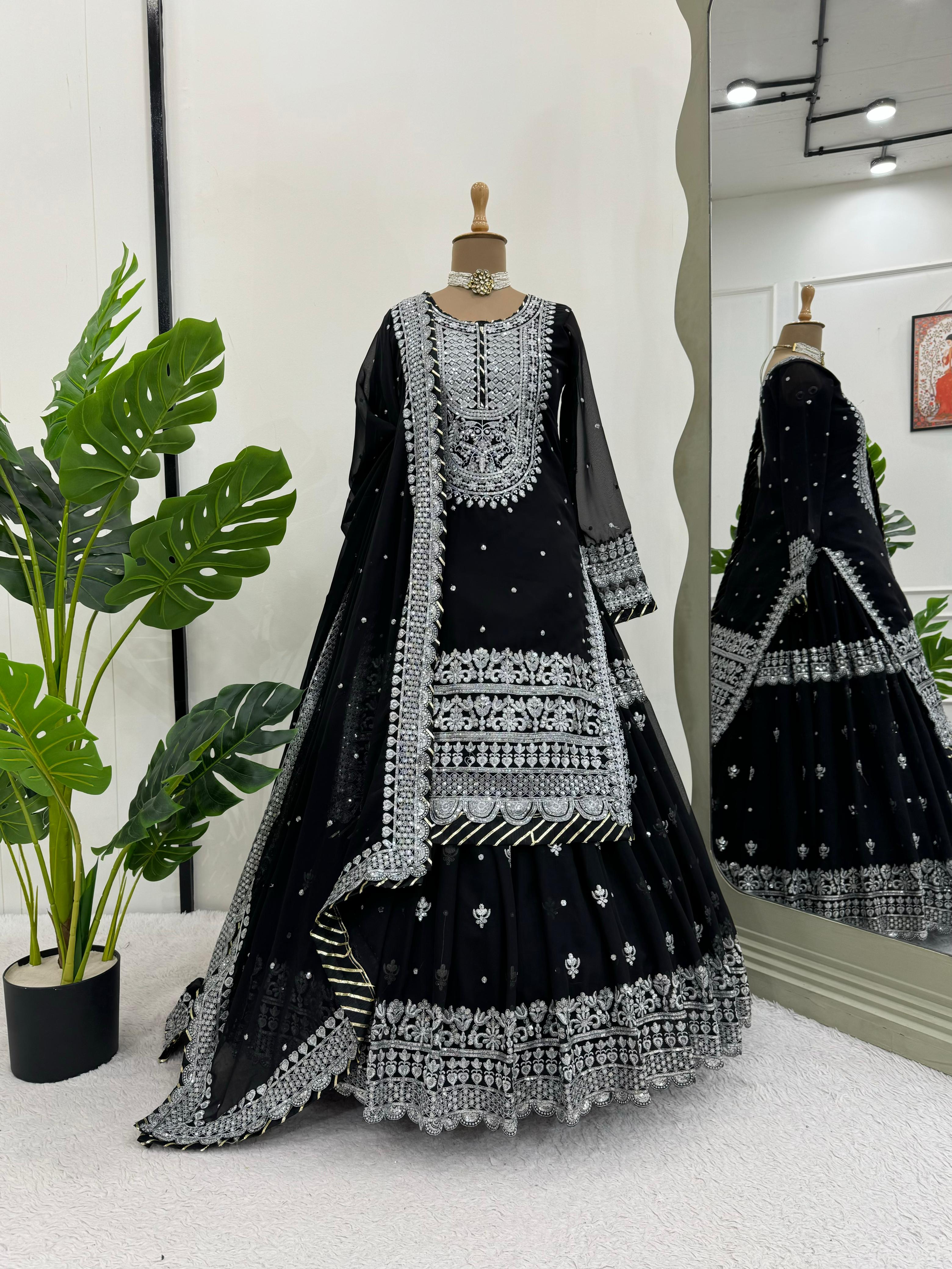 Luxuriant Black Color Faux Georgette And Thread With Sequence Beautiful Lehenga Suit