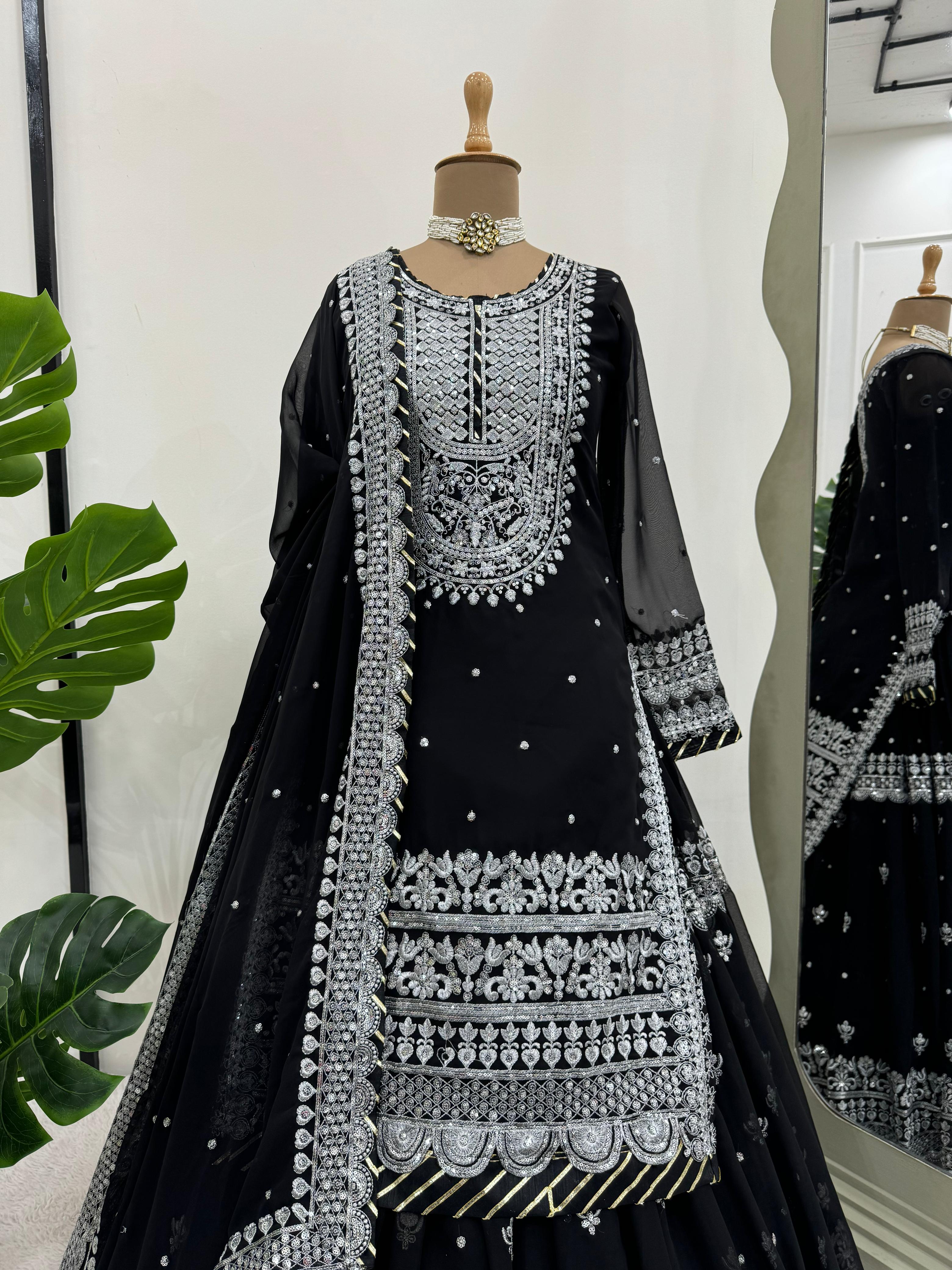 Luxuriant Black Color Faux Georgette And Thread With Sequence Beautiful Lehenga Suit