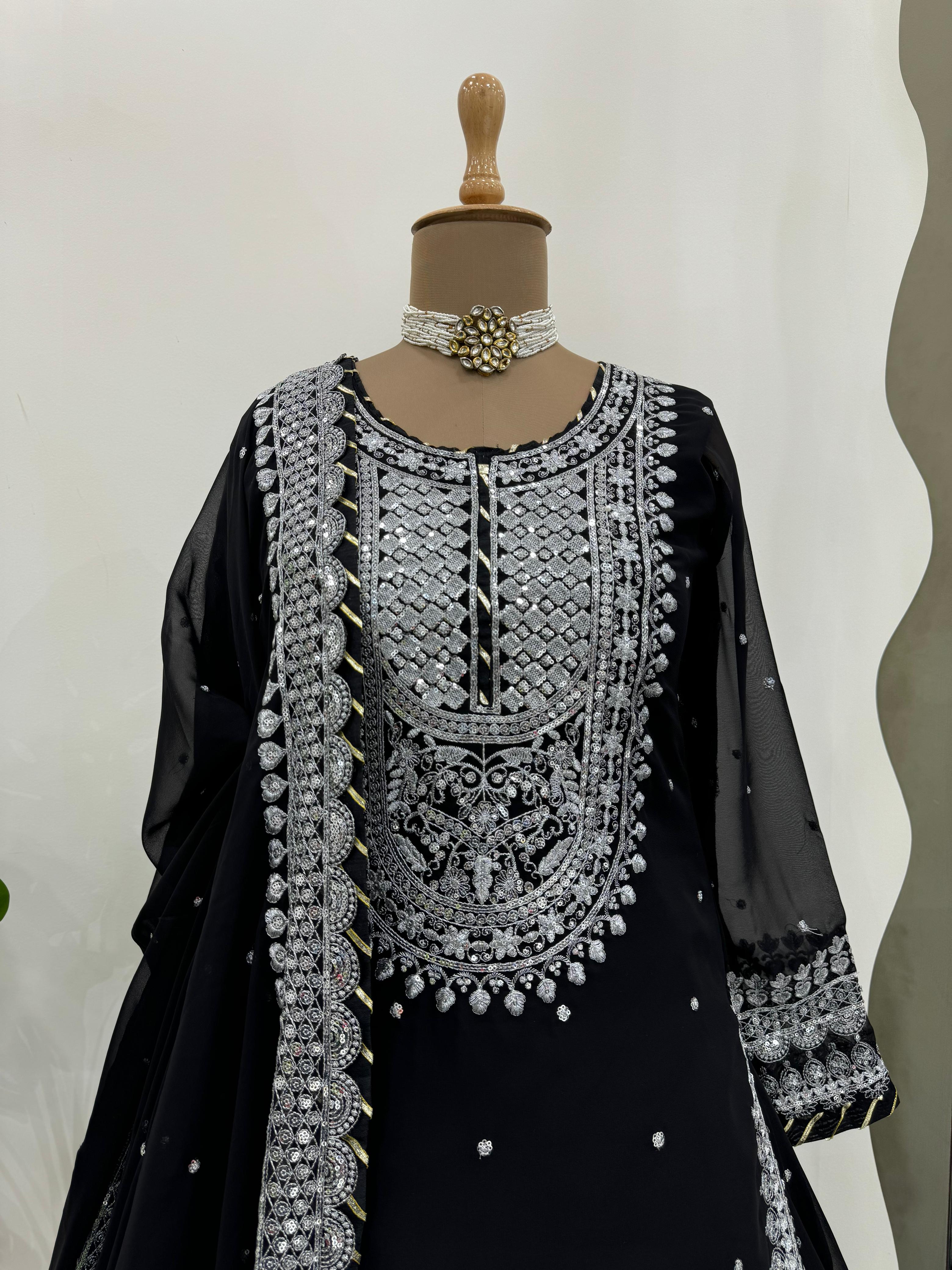 Luxuriant Black Color Faux Georgette And Thread With Sequence Beautiful Lehenga Suit