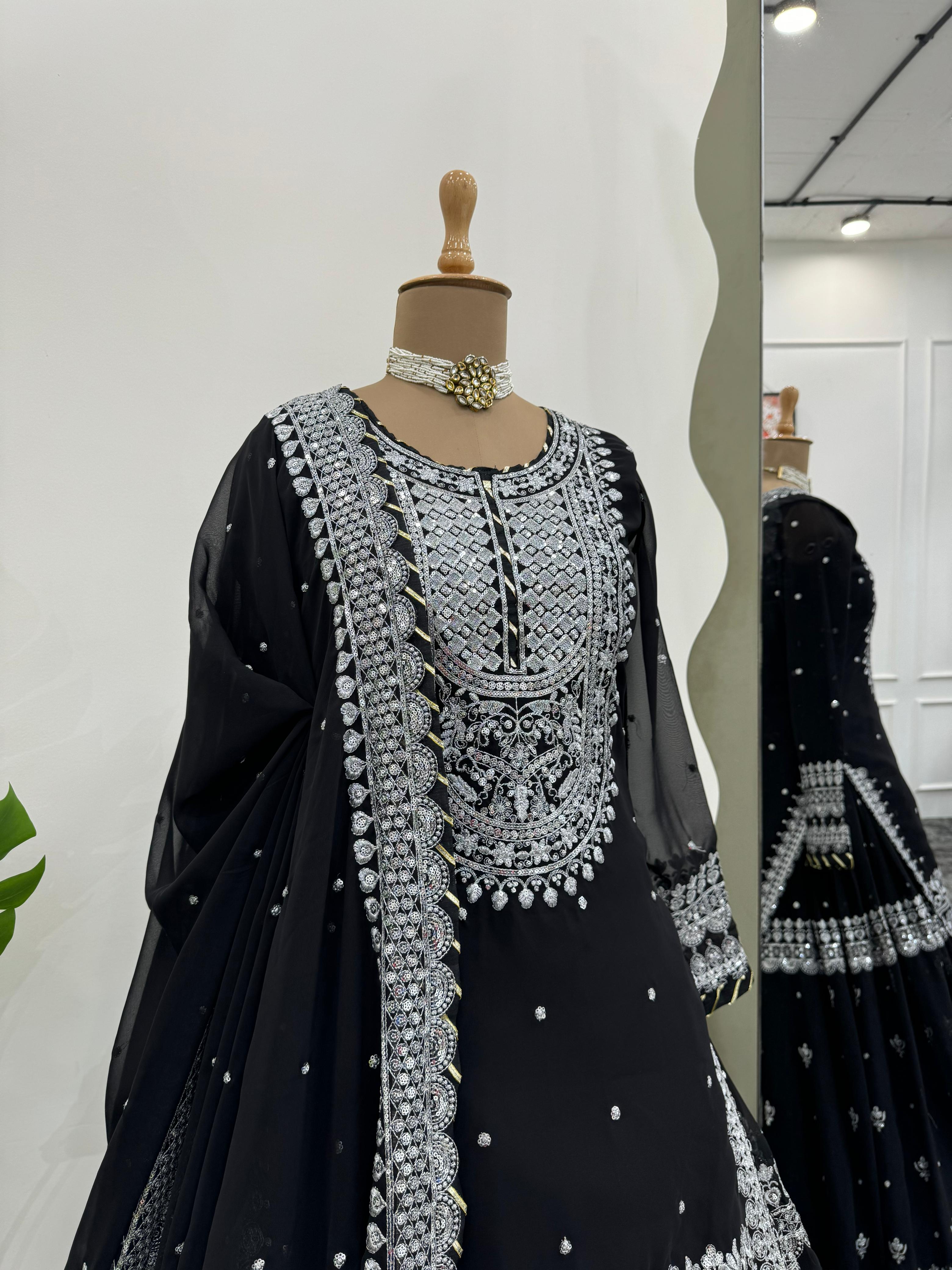 Luxuriant Black Color Faux Georgette And Thread With Sequence Beautiful Lehenga Suit