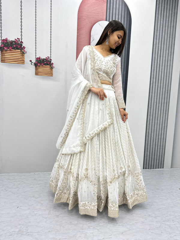 Luxuriant White Color Heavy Faux Georgette And Embroidery 7mm Sequence Work Beautiful Lehenga Choli