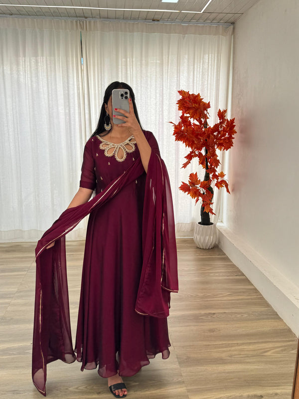 Party Wear Look Black Rangoli Georgette Maroon Color Gown With Dupatta