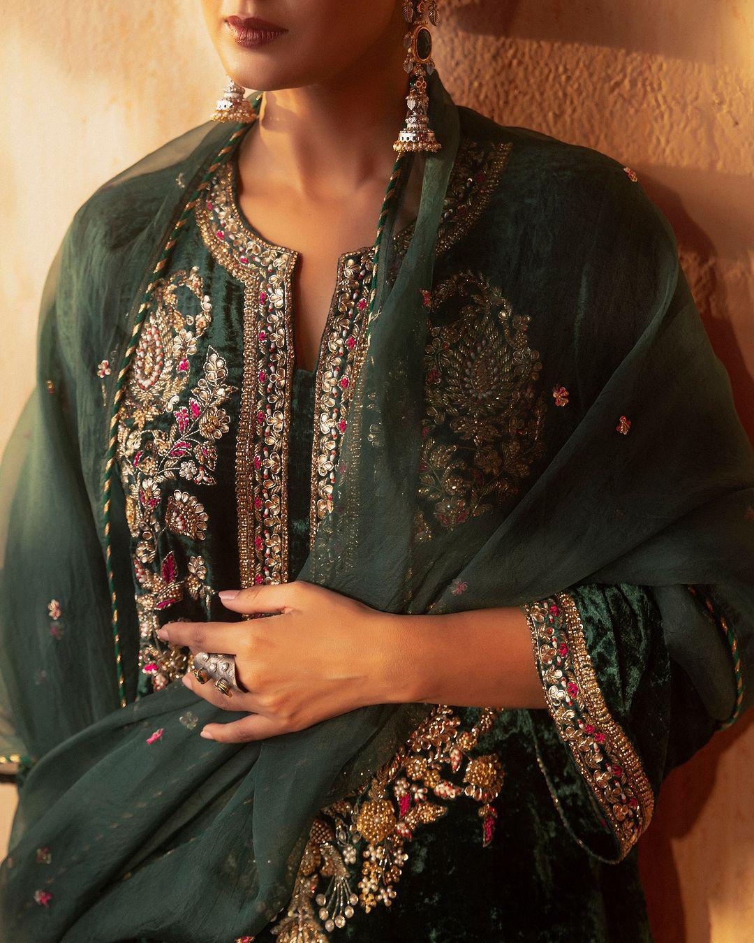 Alluring Green Color Heavy Viscous Velvet With Heavy Embroidery Sequence Work Beautiful Velvet Salwar Suit